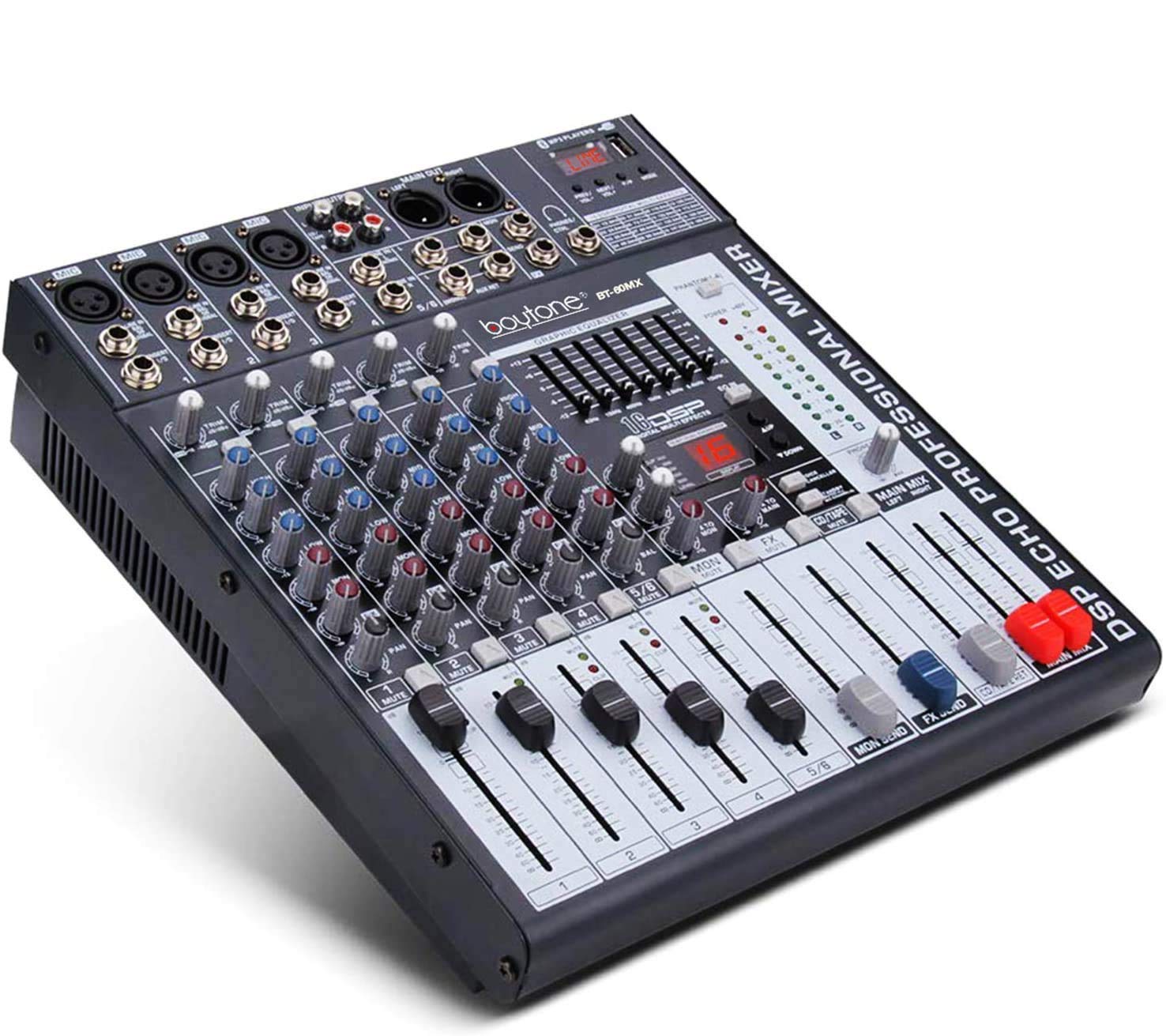 Boytone BT-60MX 6-Channel Bluetooth DJ Mixer - Professional Audio Controller with USB MP3 Player, 4 XLR Mic Inputs, 7-Band EQ & 16 DSP Effects | Perfect for Live Performances, Studio Recording & Karaoke Nights