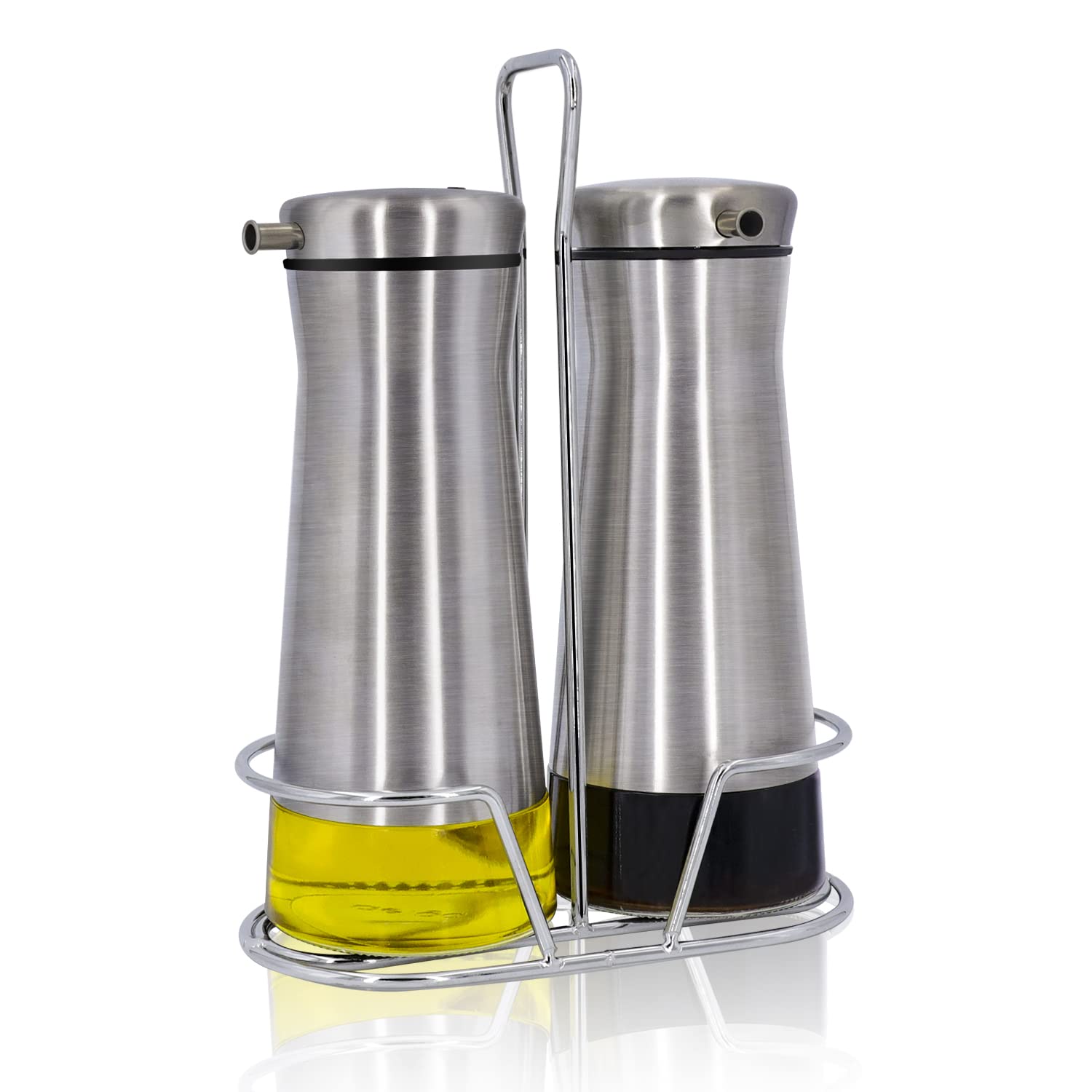 Premium Oil and Vinegar Dispenser Set with Caddy - 2 Pack No-Drip Glass Bottles for Kitchen, Home, Restaurants & Weddings - Perfect for Salad Dressing, Cooking Oil & Balsamic Vinegar