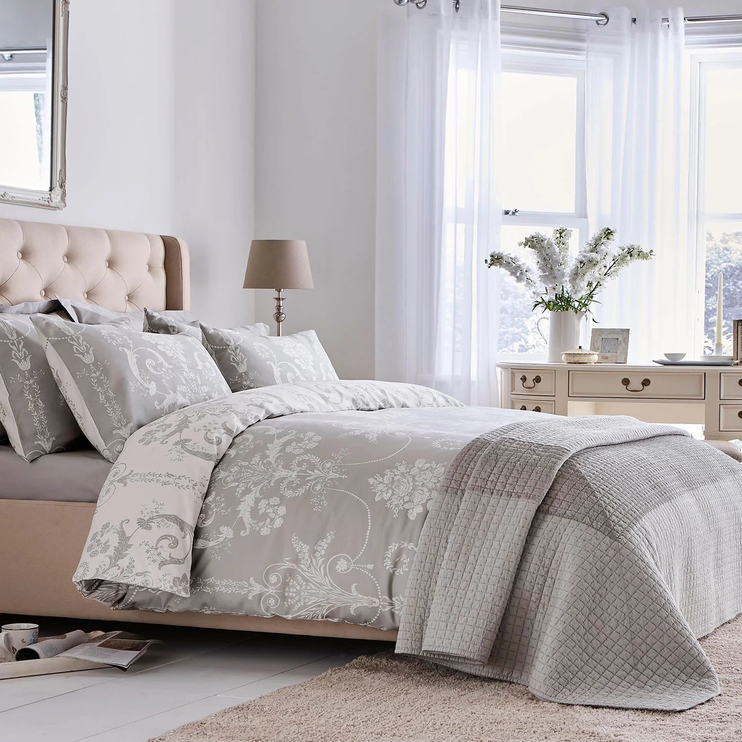 Laura Ashley Josette Duvet Cover Set - Soft Dove Grey Bedding Collection | Queen/King Size Luxury Duvet Cover with Pillowcases | Perfect for Master Bedroom, Guest Room & Hotel Decor