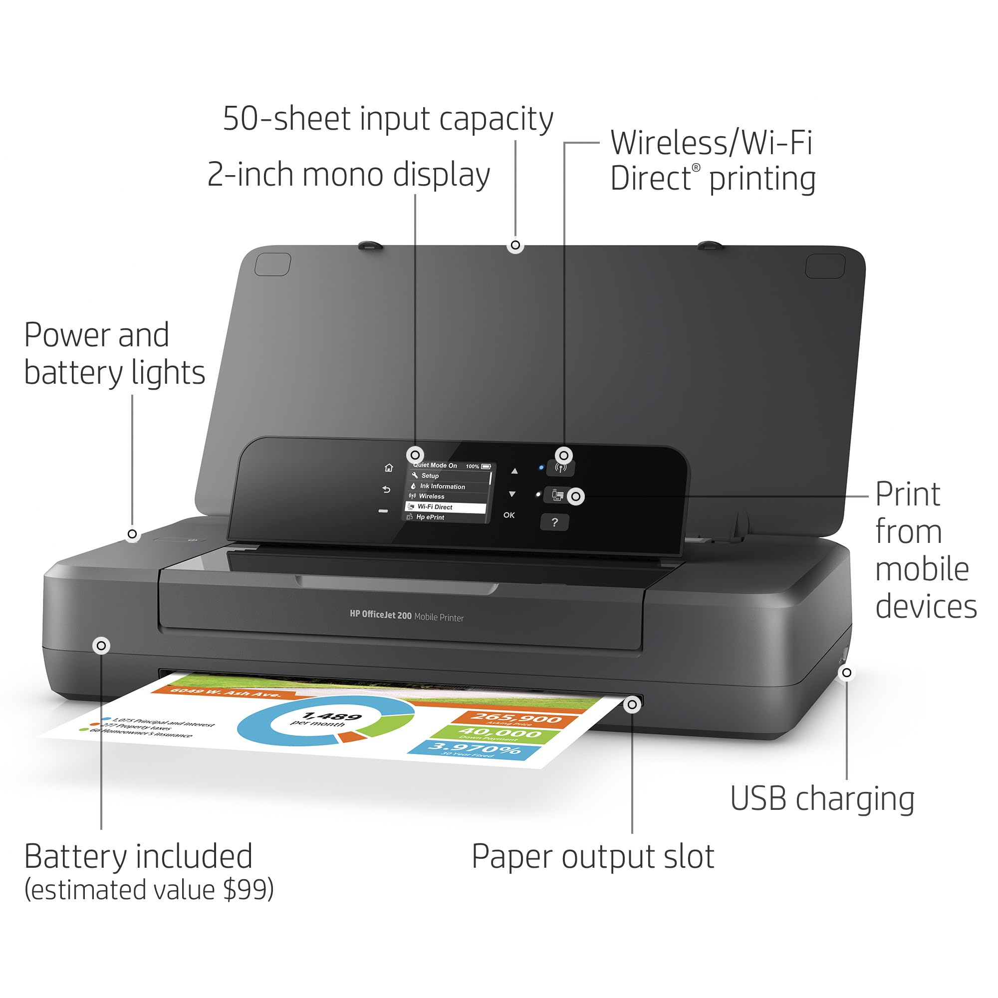 HP OfficeJet 200 Wireless Mobile Printer - Portable Printer for Home & Office, Black (CZ993A) | Print Anytime, Anywhere with Built-in Battery | Perfect for Business Trips, Remote Work & On-the-Go Printing