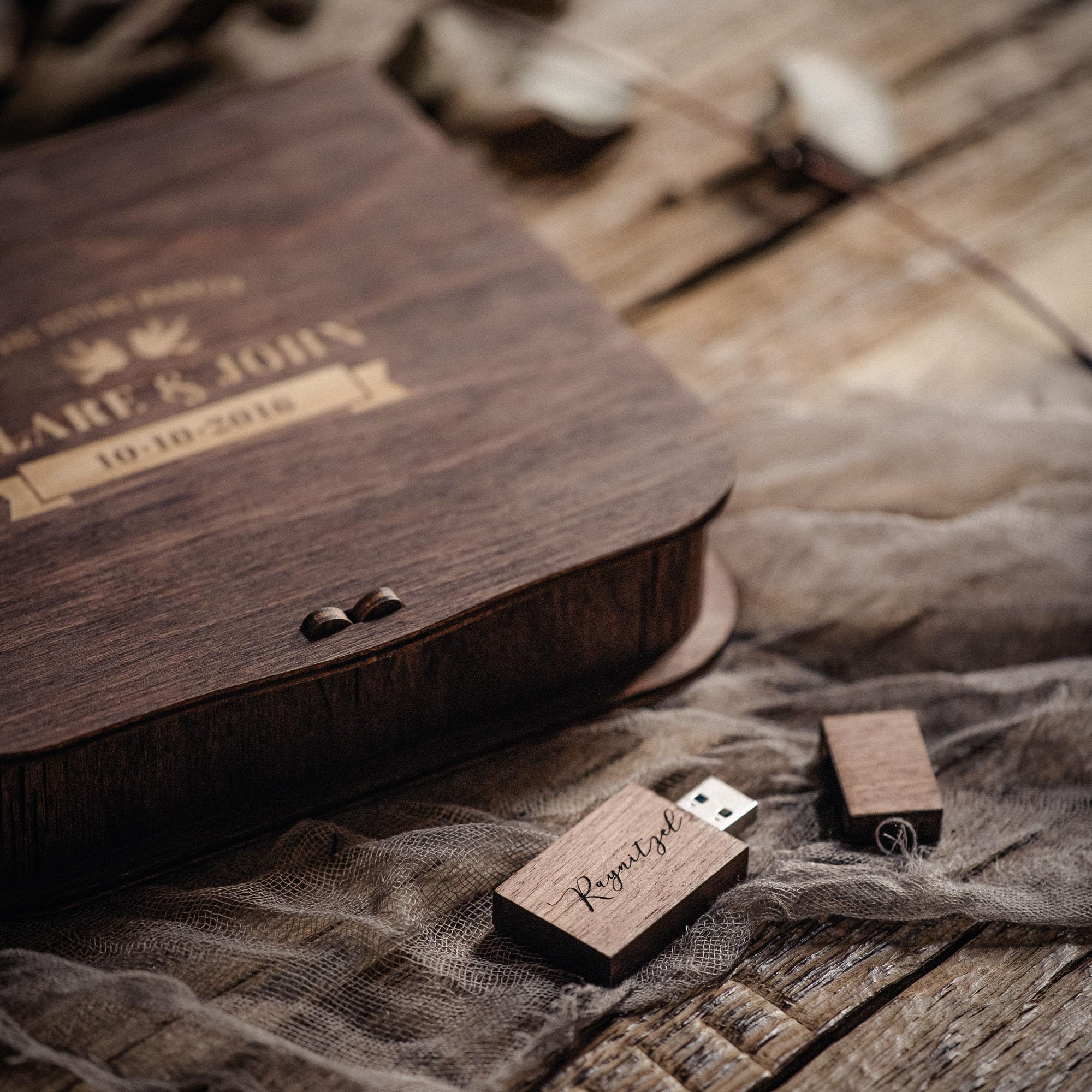 Personalized Wooden Wedding Photo Box with USB Drive - Custom Engraved Anniversary Gift for Couples - Walnut Keepsake Memory Box for 4x6