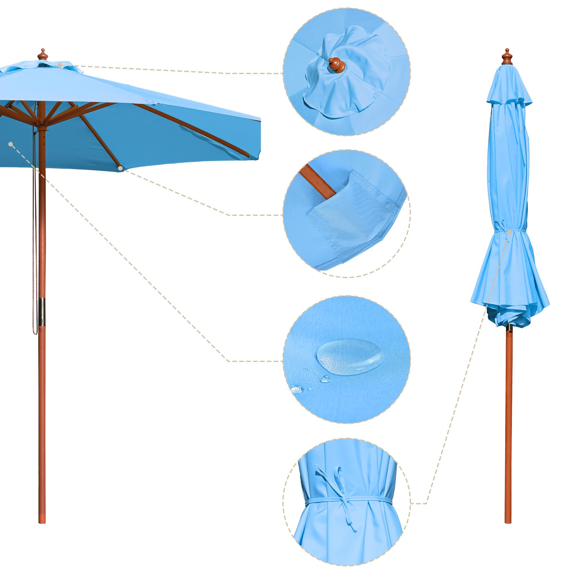 Yescom 9ft Wooden Outdoor Patio Umbrella with Pulley - Blue Market Garden Beach Umbrella for Yard, Deck & Cafe - Perfect for Sunshade, Poolside Lounging and Outdoor Dining