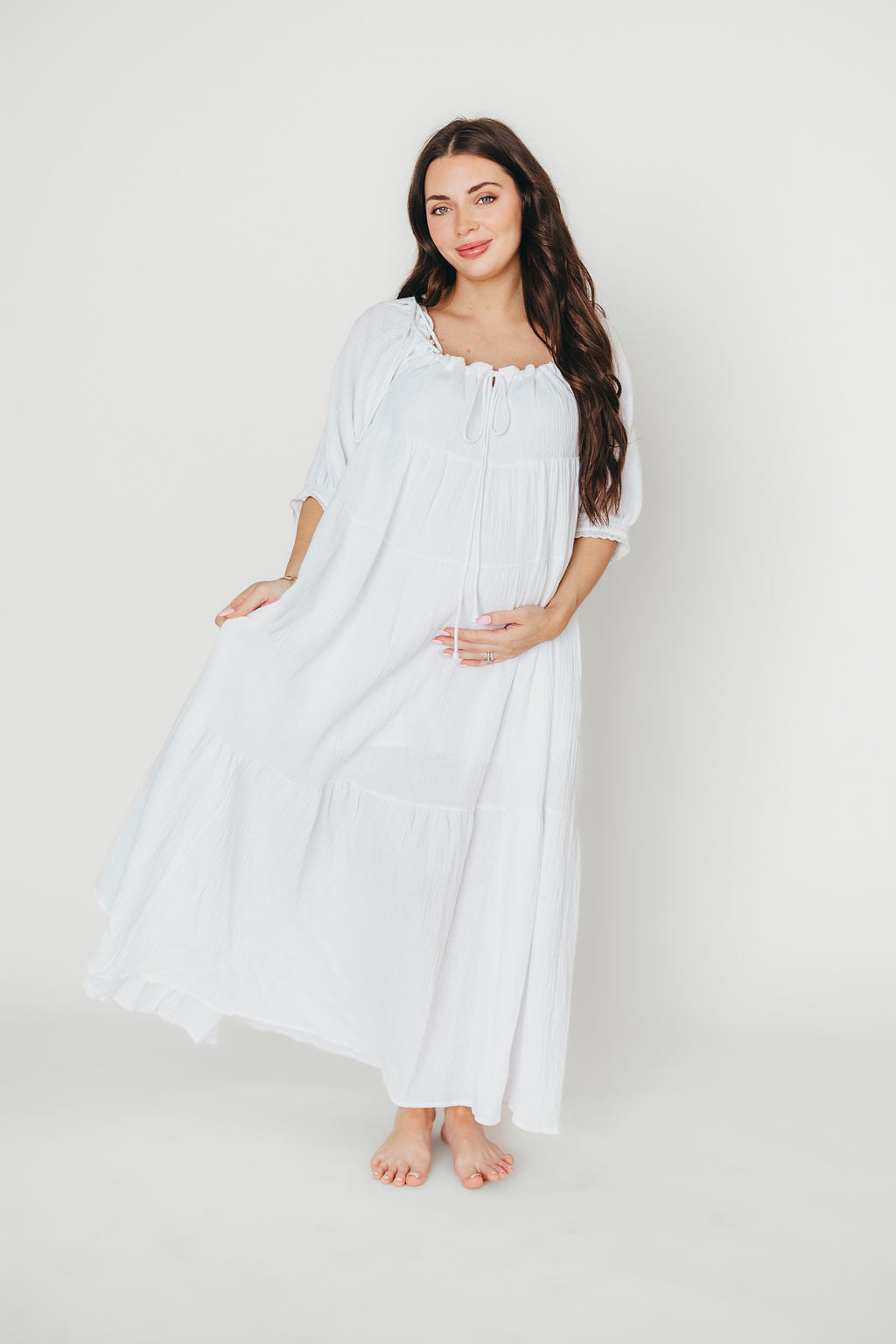 Goddess 100% Cotton Babydoll Maxi Dress - White Maternity Dress for Pregnancy, Bump Friendly, Comfortable & Flowy - Perfect for Maternity Photoshoot, Baby Shower & Summer Vacation