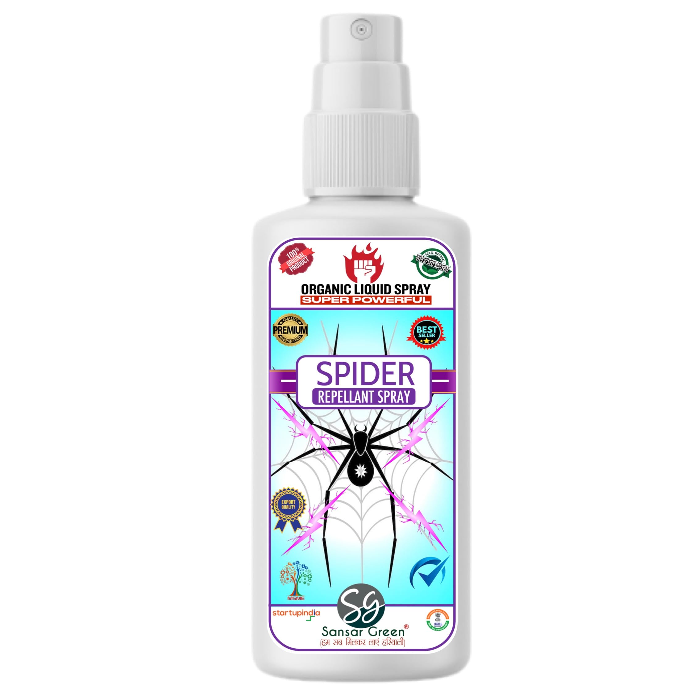 Sansar Green® Organic Spider Repellent Spray - Non-Toxic, Biodegradable & Pet Safe | Chemical-Free Indoor/Outdoor Bug Spray for Home, Office & Garden | 15-Day Protection with Refreshing Fragrance (100ml) | Perfect for Patios, Basements & Closets