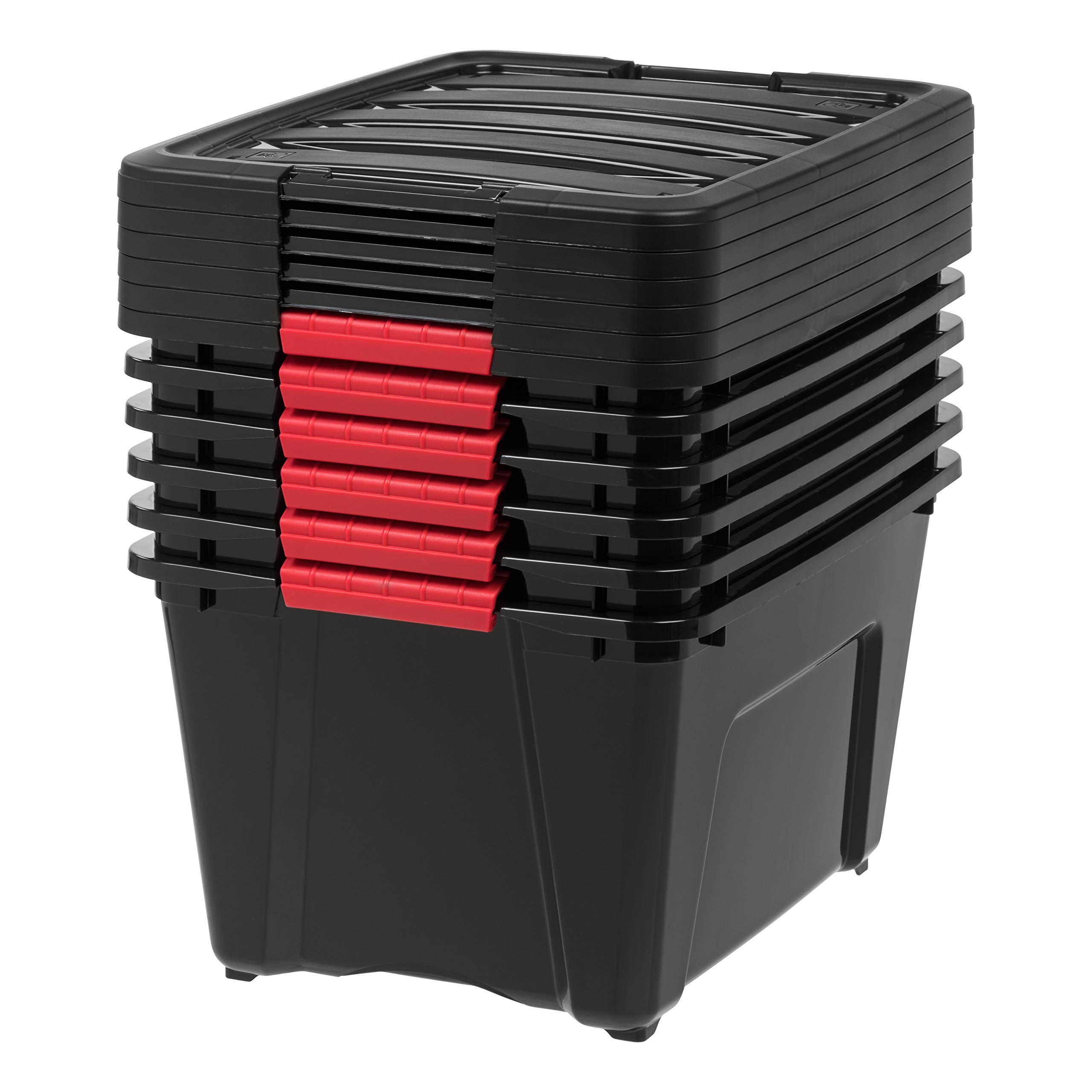 IRIS USA 32 Qt Stackable Plastic Storage Bins with Lids, 6 Pack - BPA-Free, Made in USA - Durable Nestable Containers for Garage, Closet & Home Organization - Secure Pull Handle & Latches - Black - Perfect for Storing Toys, Tools & Seasonal Items
