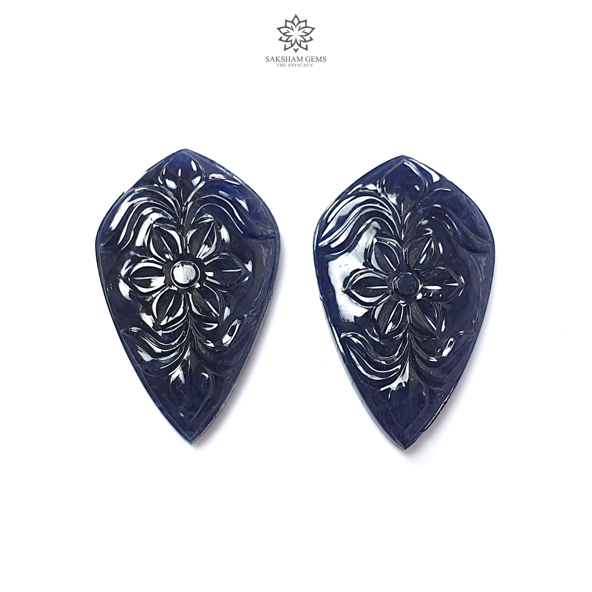 Natural Untreated Dark Blue Sapphire Gemstone Carving - 61.60cts Unheated Hand-Carved Fancy Shape (31x19mm) Pair | Perfect for Jewelry Making, Luxury Gifts & Gemstone Collections