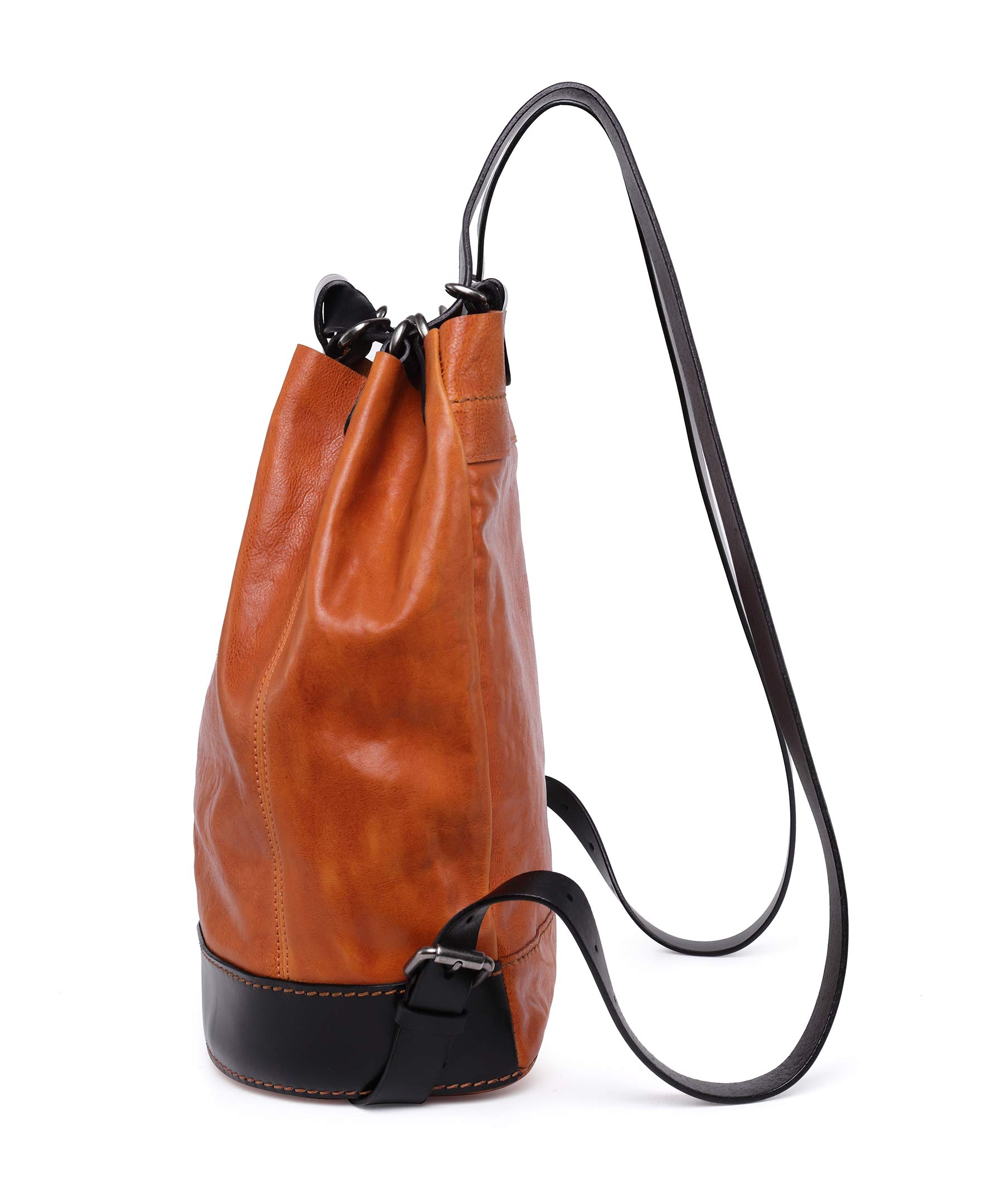 Genuine Leather Stars Align Bucket Backpack for Women & Men - Stylish Crossbody & Shoulder Bag in Cognac & Black - Perfect for Travel, Work & Everyday Use