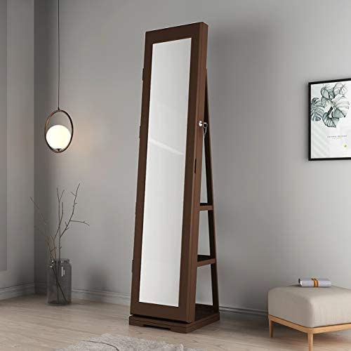 SogesPower 360° Rotatable Lockable Jewelry Cabinet with Dressing Mirror - Jewelry Armoire Organizer with Storage Shelf for Necklaces, Rings & Accessories - Perfect for Bedroom, Living Room & Entryway, Brown