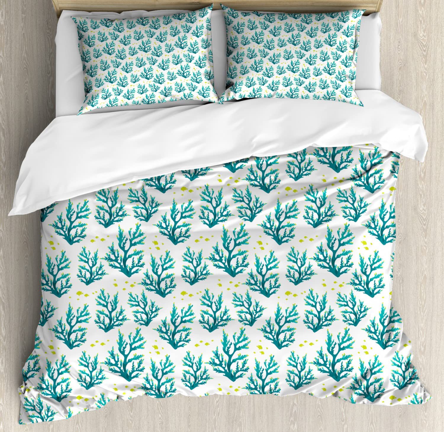 Ambesonne Nautical Duvet Cover Set - Underwater Coral & Fish Silhouette Design - 2 Pack Queen Size Bedding Set with 2 Duvet Covers & 4 Pillowcases - Sea Blue & Ivory - Perfect for Beach House, Coastal Decor & Ocean Themed Bedrooms