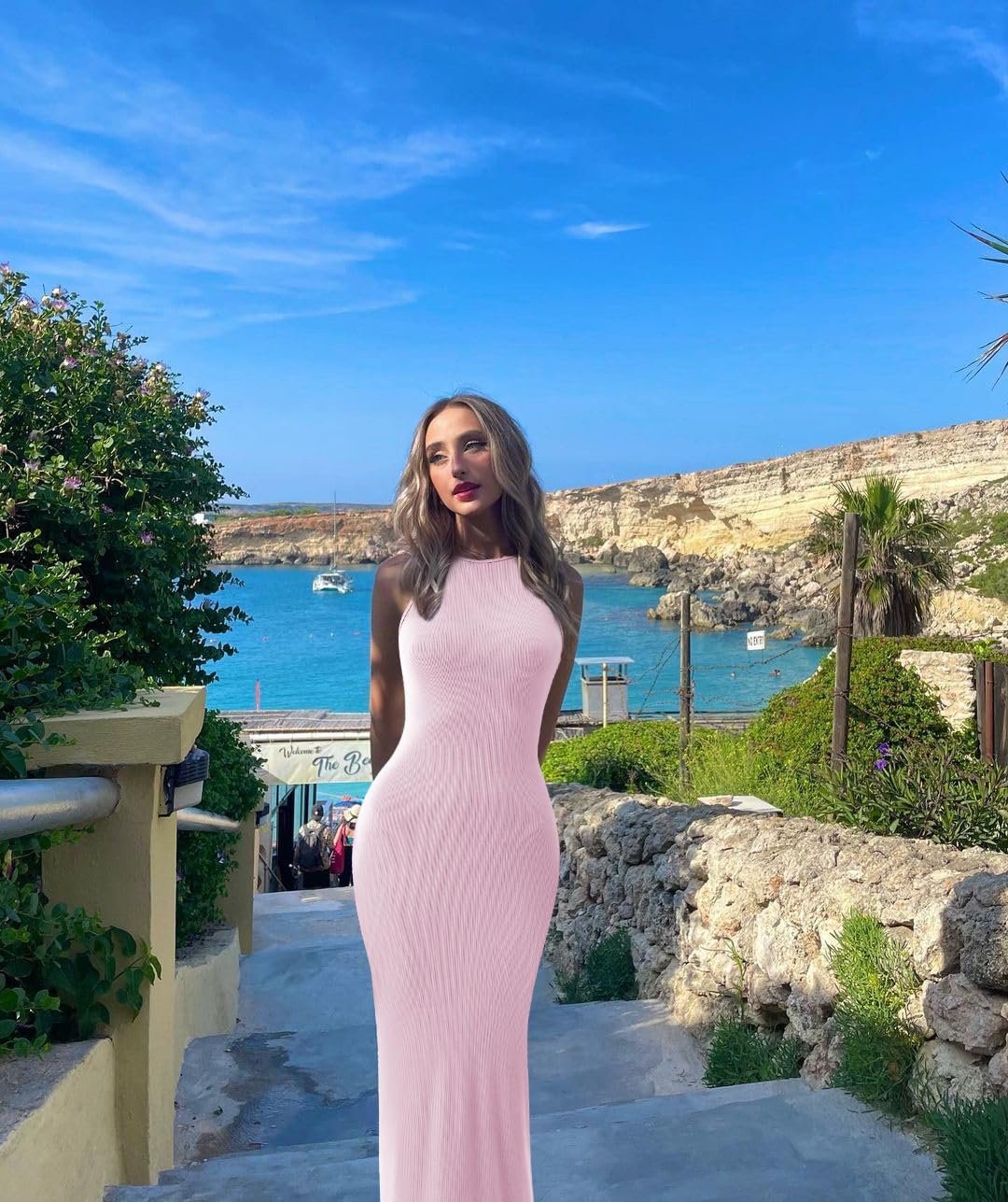 Relety Women's Bodycon Maxi Dress - Ribbed Lounge Tank Long Dress with Elegant Halter Neck, Sleeveless Summer Casual Dress for Beach, Party & Night Out