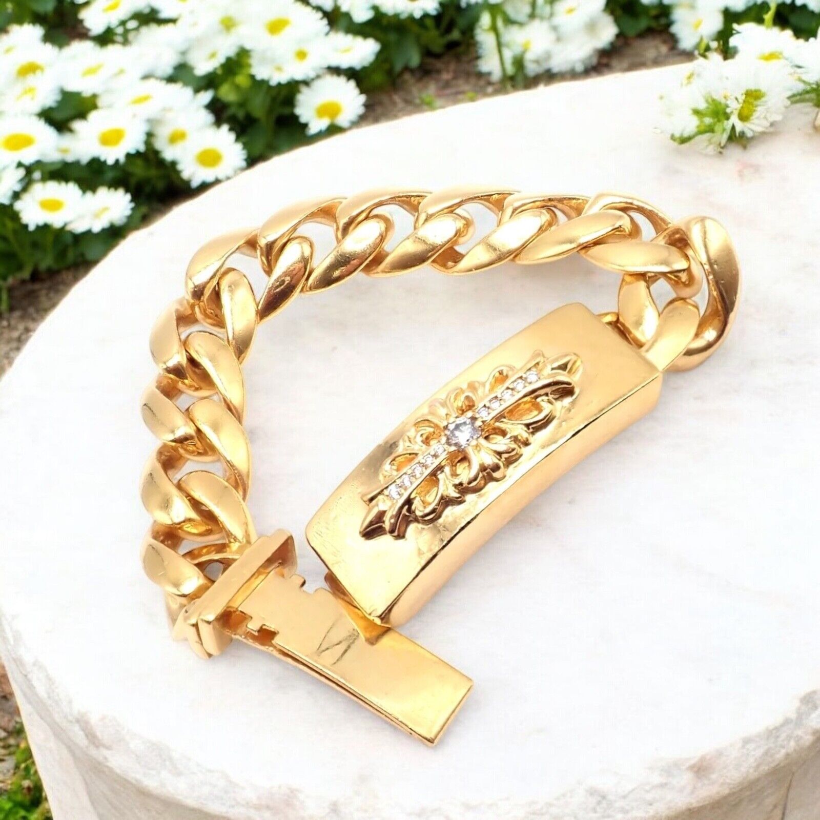 Authentic Chrome Hearts 22k Yellow Gold Diamond Heavy Link ID Bracelet for Men & Women - Luxury Vintage Jewelry Gift for Anniversary, Birthday & Special Occasions