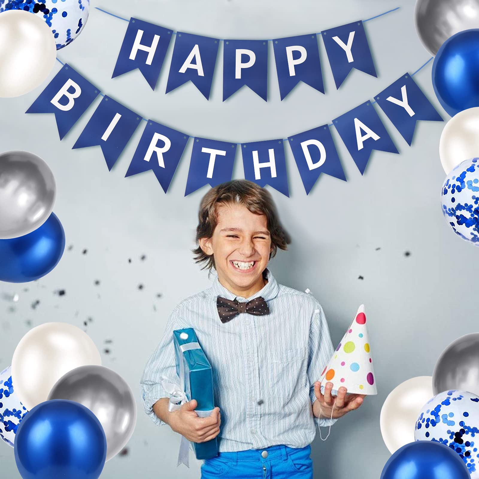 Royal Blue Happy Birthday Banner & Balloons Set - Party Decorations for Men, Women, Boys - Includes Bunting, Confetti & Latex Balloons - Perfect for Birthday Parties, Baby Showers & Anniversary Celebrations