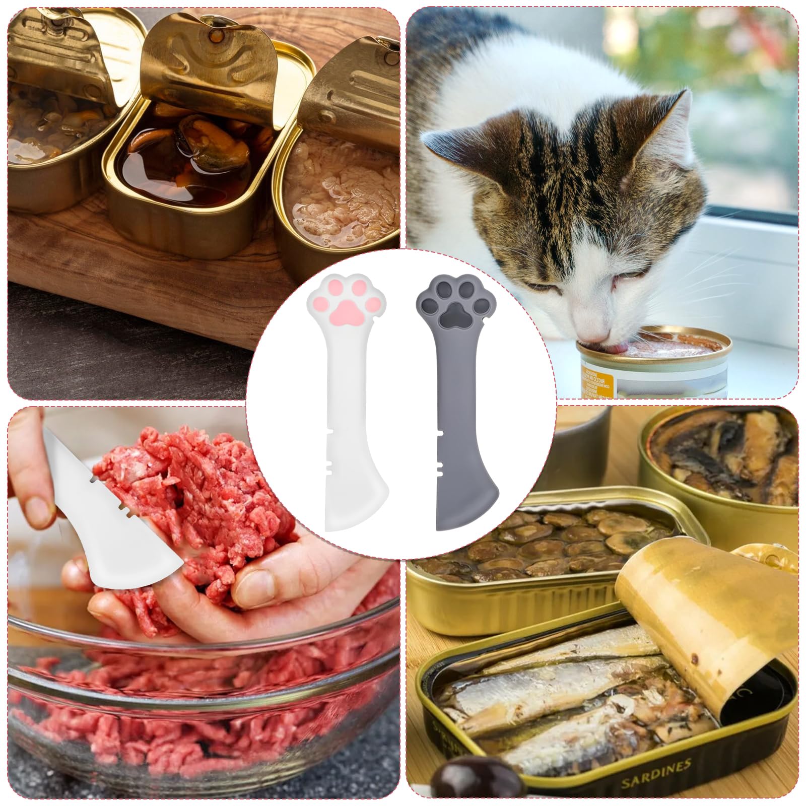 Molain 2-Pack Silicone Pet Food Spoon - Reusable Wet Food Scoop for Cats & Dogs with Built-in Can Opener - Perfect for Canned Food, Wet Kibble & Homemade Meals (White & Gray) - Ideal for Mess-Free Feeding & Travel Use
