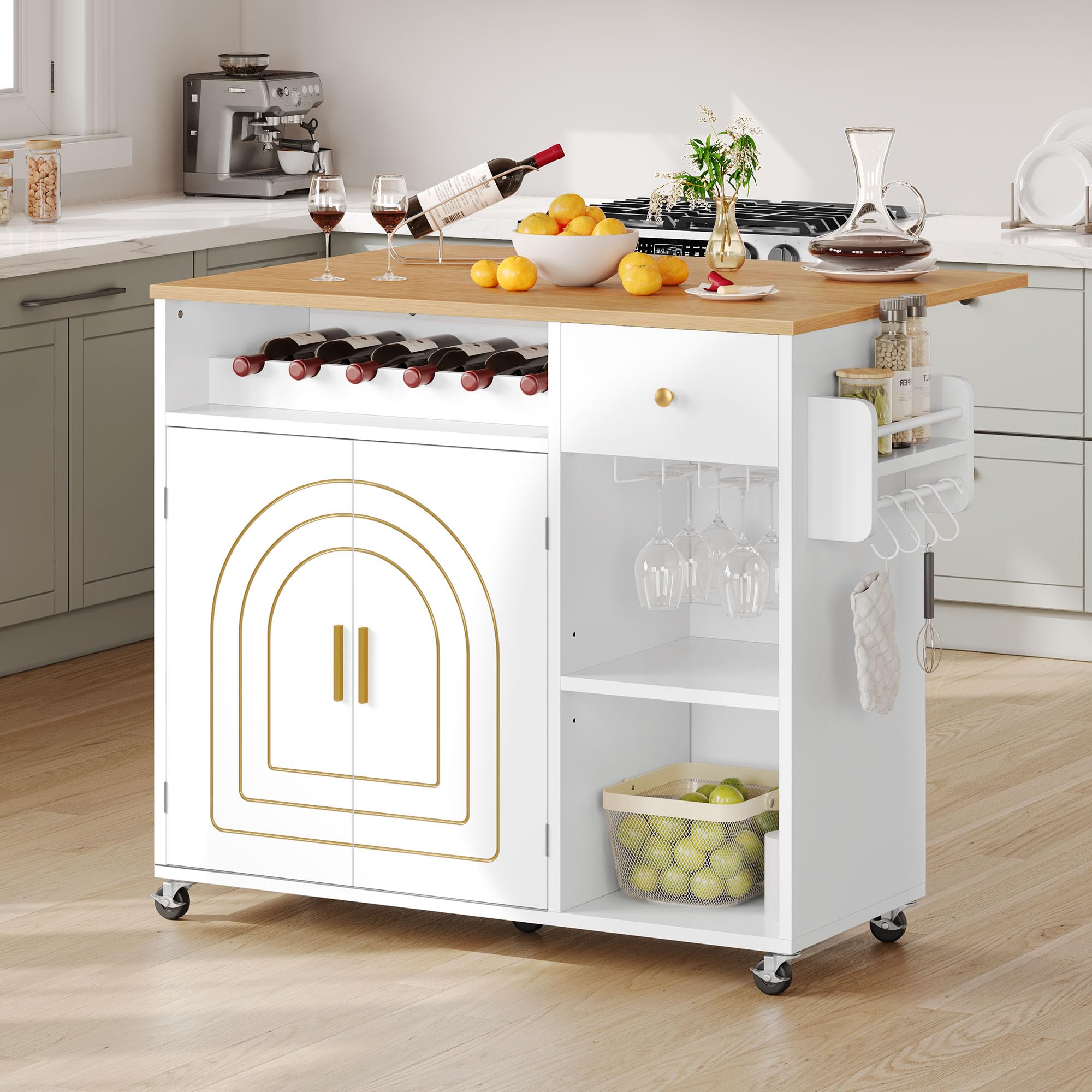 YITAHOME White & Oak Kitchen Island with Folding Drop Leaf - Rolling Kitchen Cart with 2 Gilded Cabinet Doors, Drawer, Open Shelves, Wine Spice Rack & Cup Hangers - Perfect for Small Kitchens, Dining Rooms & Entertaining Spaces