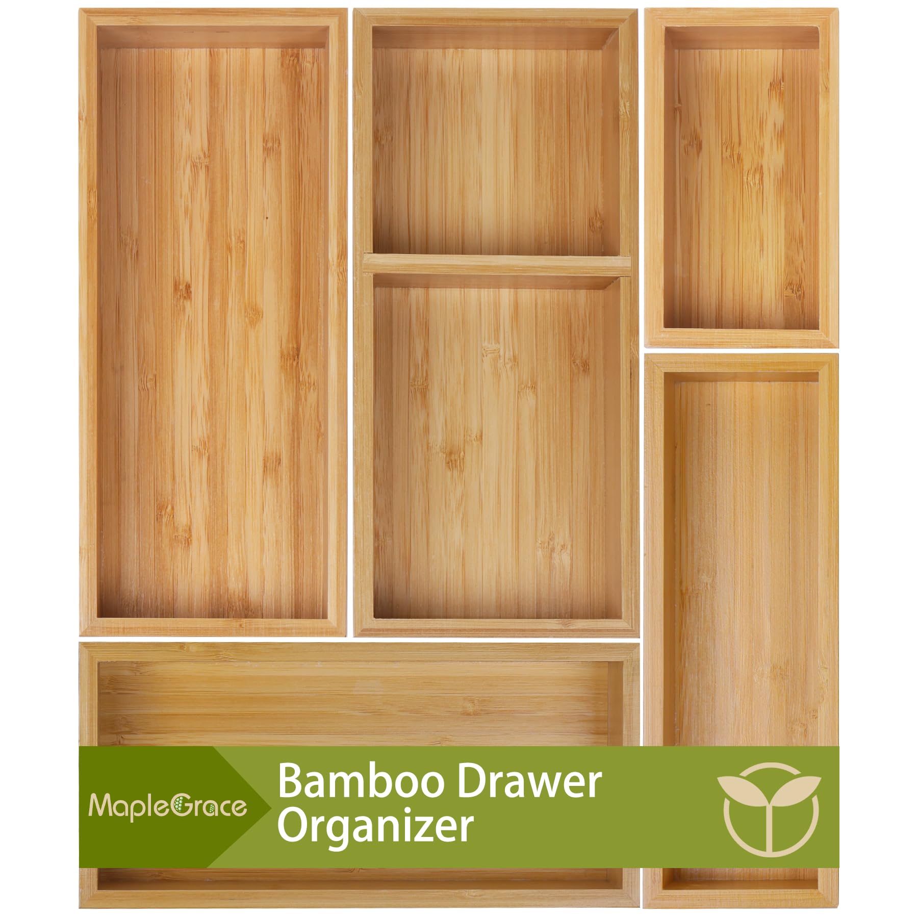 5-Piece Bamboo Drawer Organizer Set - Multi-Use Wooden Storage Trays for Kitchen, Bathroom, Office & Jewelry | Drawer Dividers & Container Organizers for Utensils, Makeup & Small Items | Perfect for Home Organization & Decluttering