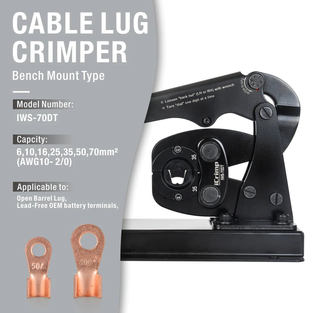 Heavy Duty Battery Lug Crimper for Copper & Aluminum Lugs (6-70mm², AWG 10-2/0) - Bench Mount Hexagonal Crimping Tool for Electrical Wiring, Automotive, Marine & Solar Applications