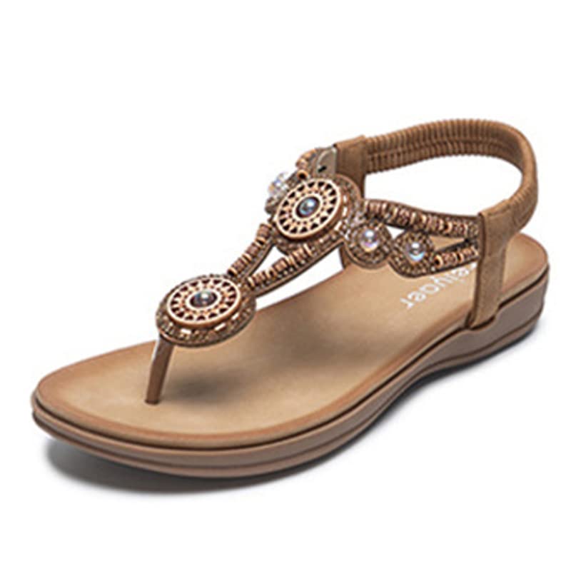 JrenBox Women's Retro Pearl Rhinestone Sandals - Bohemian Flat Sandals for Women | Summer Casual Beach Sandals with Comfortable Sole (Brown, Size 8) | Perfect for Vacation, Wedding & Outdoor Activities