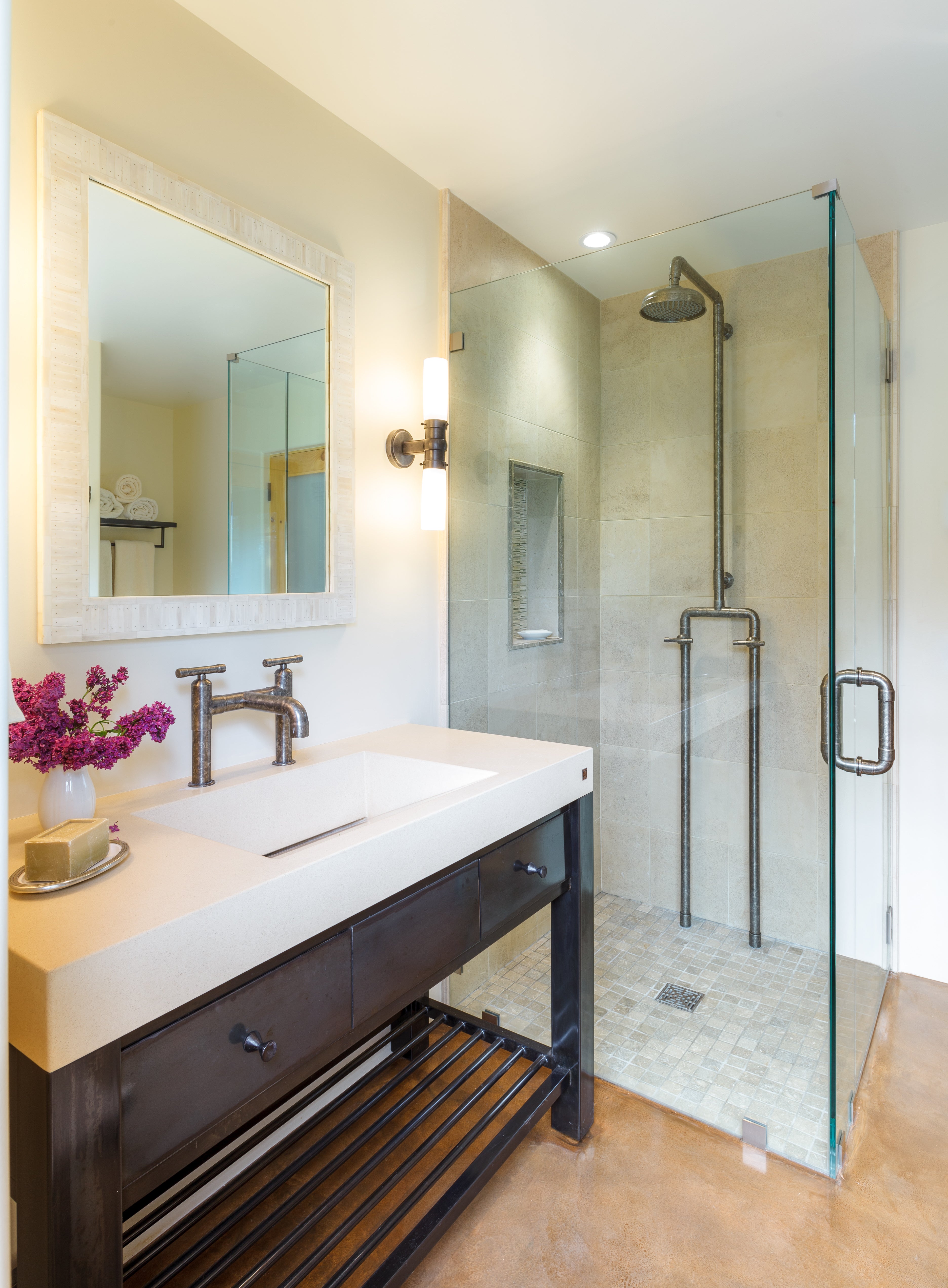 Premium Floor Mount Exposed Shower System with Adjustable Rainhead - Luxury Bathroom Upgrade for Spa-Like Experience