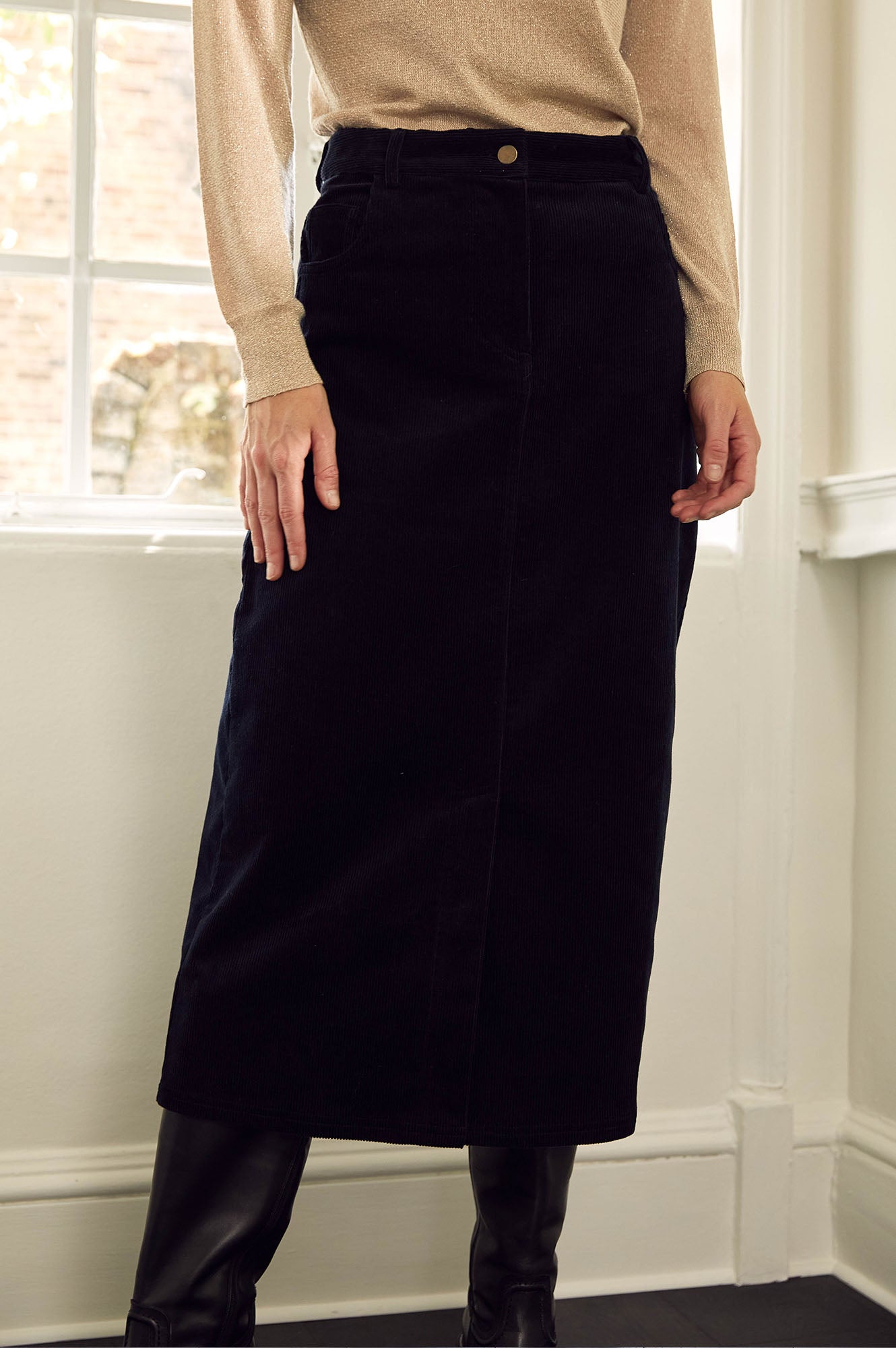 Mallory Stretch Corduroy Skirt for Women - Comfortable High Waist A-Line Mini Skirt in Black | Perfect for Casual Wear, Office Outfits & Fall Fashion