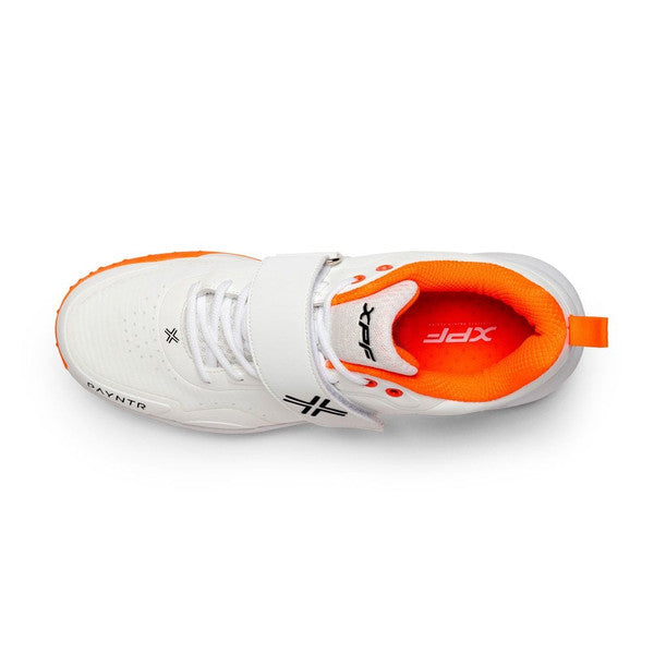 Payntr XPF P6 Bowling Spike Cricket Shoes - White & Orange for Enhanced Grip & Performance on the Field