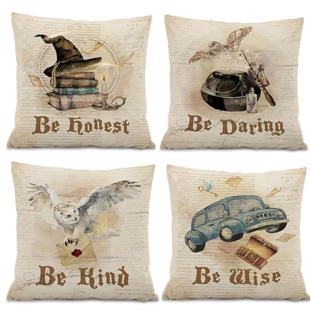 RYKEEN 18x18 Inch Funny Throw Pillow Covers Set of 4 - Watercolor Owl Design, Be Honest Be Daring Magical Girls Home Decor for Bedroom, Living Room, Couch, Sofa & Outdoor Use