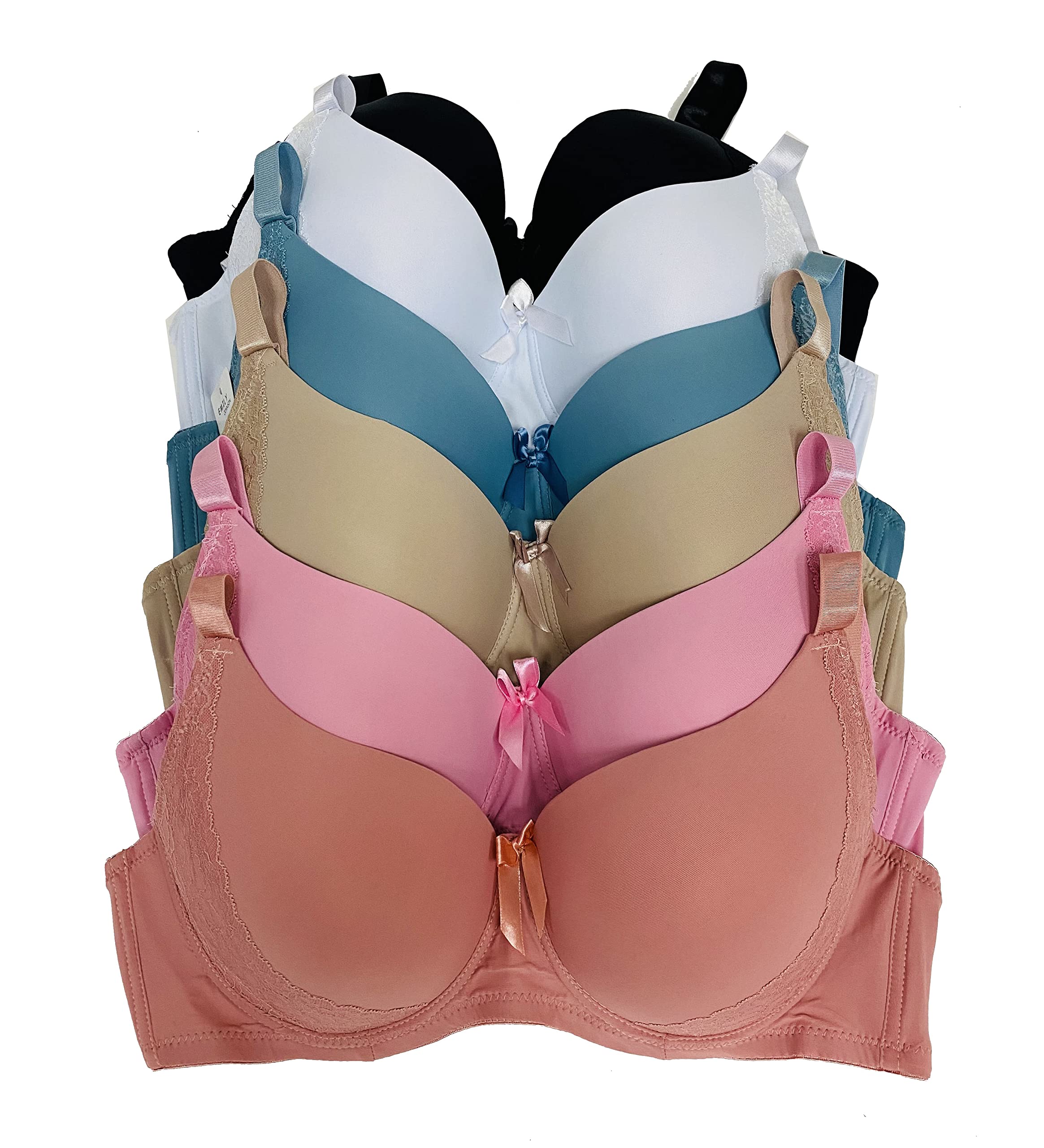 6 Pack Women's Basic Bras - Comfortable Wireless Bras for B, C, D, DD & DDD Cups | Everyday Wear, Yoga, Workout & Lounge