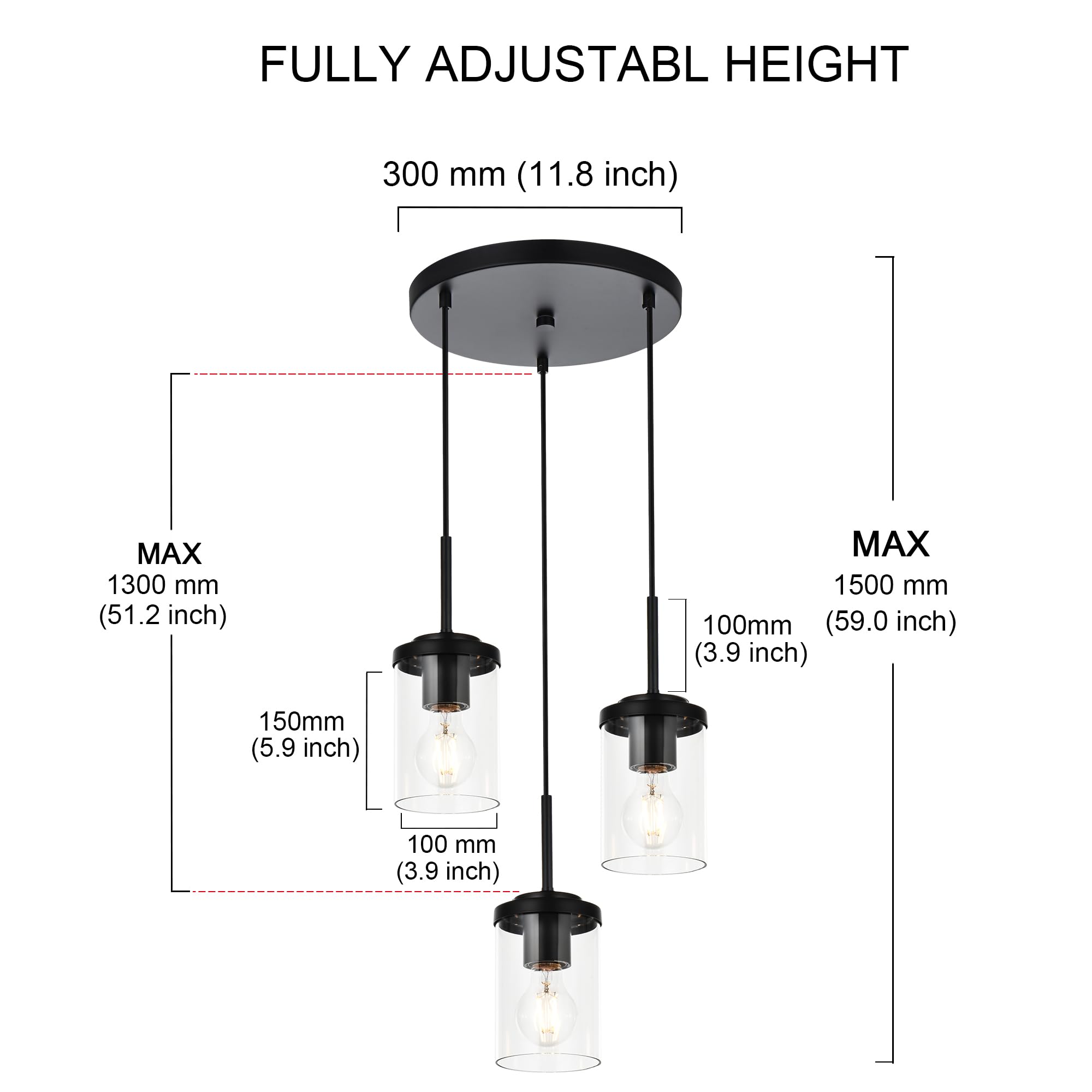 BONLICHT 3-Light Matte Black Industrial Glass Chandelier - Modern Farmhouse Cluster Pendant Lighting for Kitchen Island, Dining Room, Foyer & Hallway | Durable Hanging Ceiling Fixture for Home & Restaurant Decor