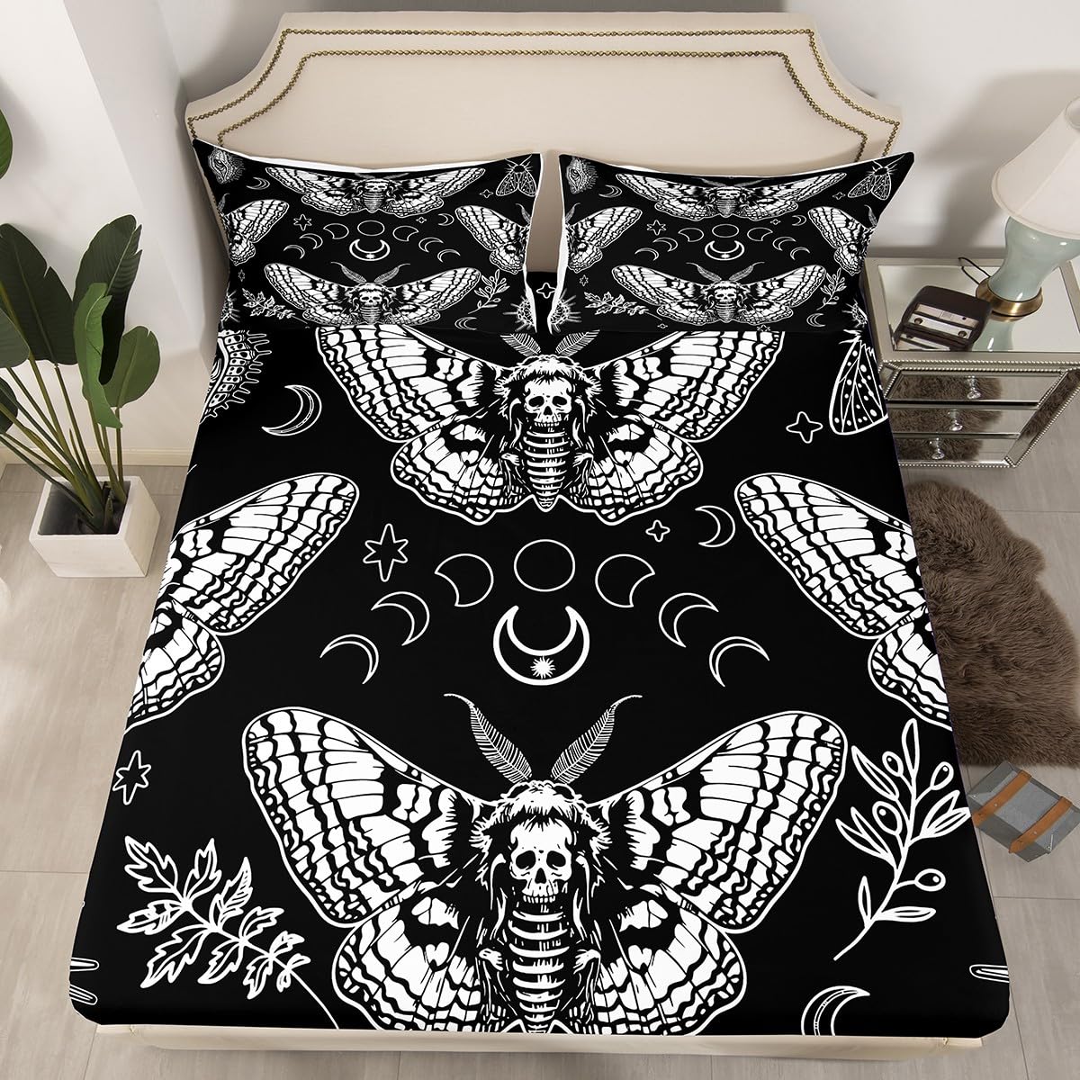 Gothic Skull Fitted Sheet Set - Death Moth & Floral Print Microfiber Bedding (3pc: 1 Fitted Sheet + 2 Pillowcases) Queen Size for Teens & Adults - Perfect for Dark Aesthetic Bedroom, Halloween Decor & Gothic Home Decor