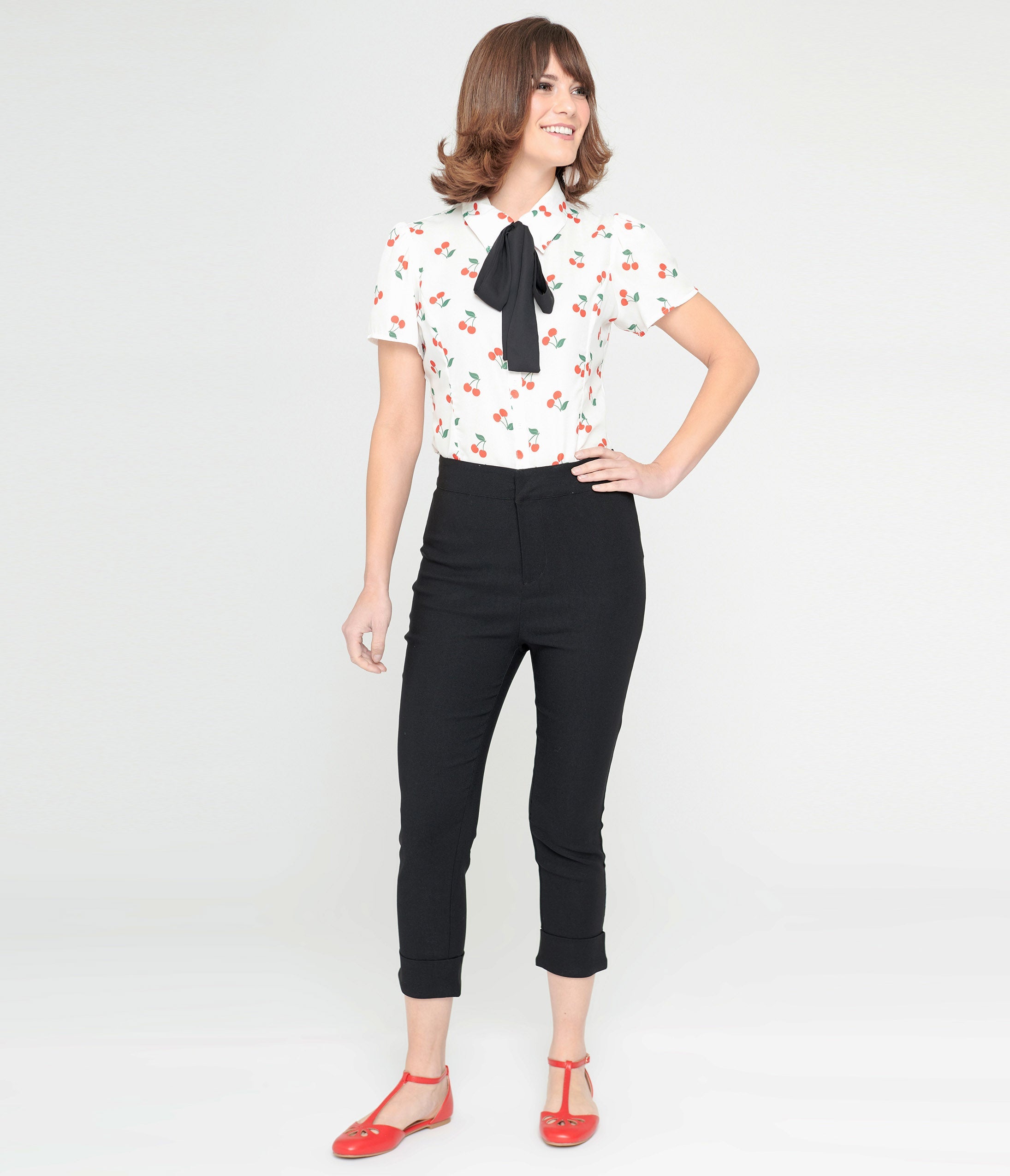 Smak Parlour Women's Black & Cherry Print Pocket Capri Pants - Stylish & Comfortable for Work, Travel & Casual Wear