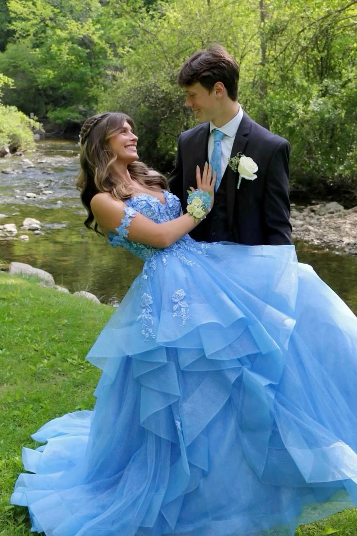Elegant Off-The-Shoulder A-Line Blue Prom Dress with Applique Details - J6855 | Perfect for Homecoming, Formal Dances & Special Occasions