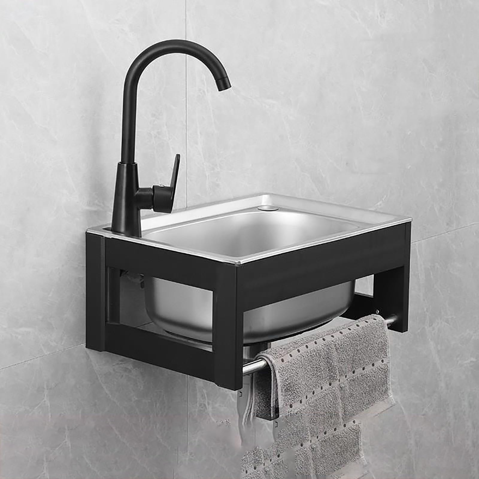 Stainless Steel Wall Mount Utility Sink with Single Bowl - Hot & Cold Faucet & Aluminum Bracket - Compact 50x40cm Design for Small Kitchens, Restaurants, Garages & Outdoor Use - Durable & Space-Saving Solution for Washing, Cleaning & Food Prep