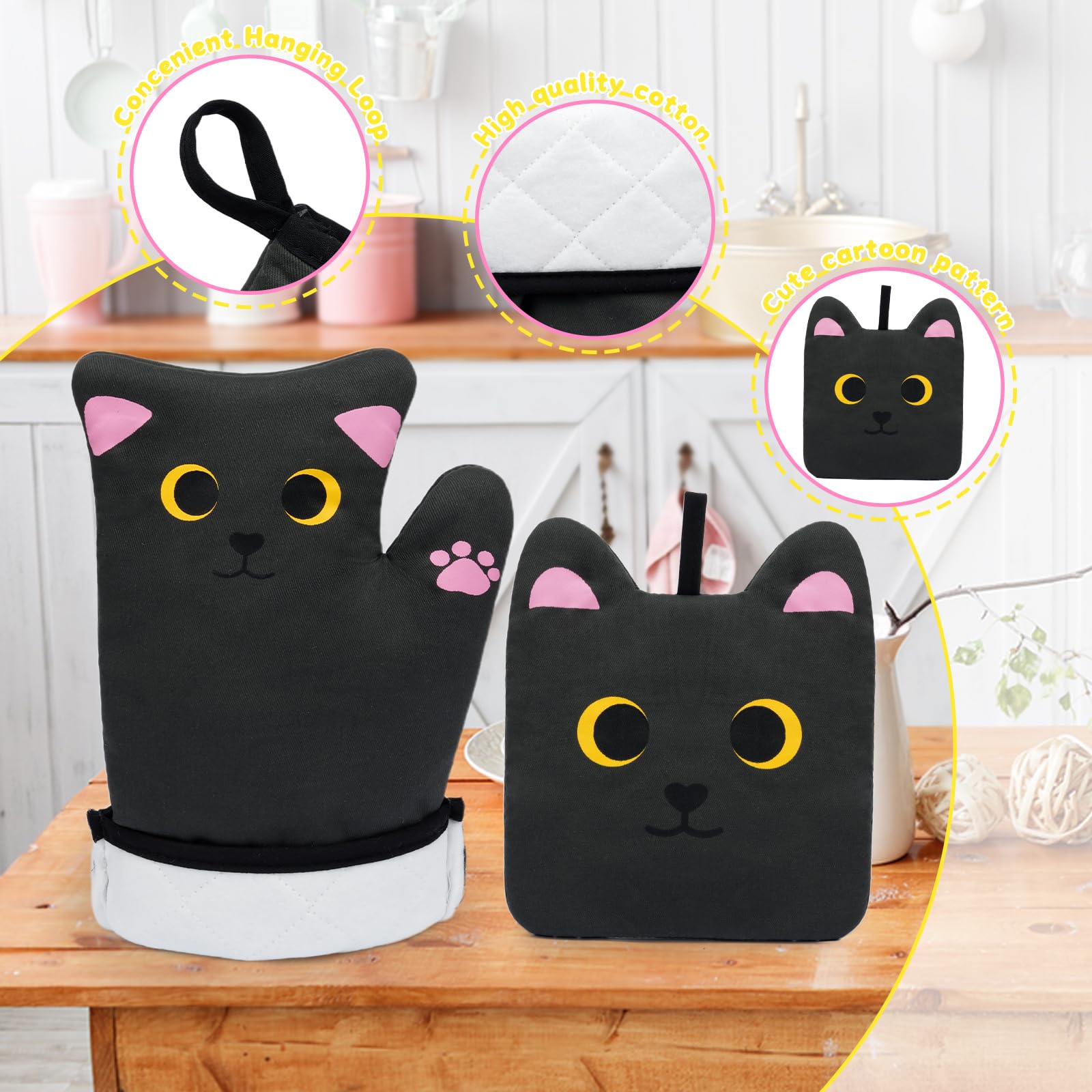 Heat Resistant Oven Mitts and Pot Holders Set - Cute Cat Design Cooking Gloves with Quilted Cotton Lining for Baking, Grilling & Microwave Use - Perfect Kitchen Gift for Mom & Housewarming (Black) - Ideal for Holiday Cooking, BBQ Parties & Home Kitchen Safety