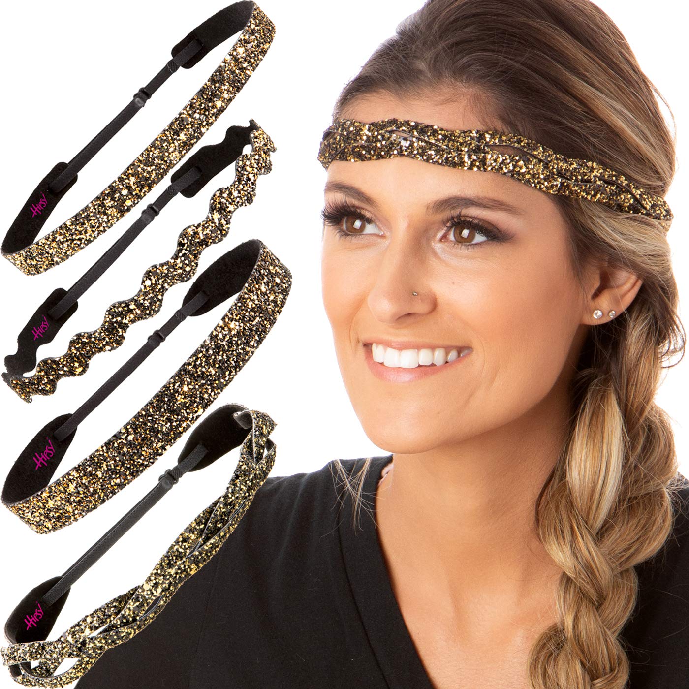 Stylish Plus Size Adjustable No-Slip Sparkly Bling Headbands for Women & Teens - 4 Pack Mixed Glitter Diva Hair Accessories - Perfect for Workouts, Parties & Everyday Fashion