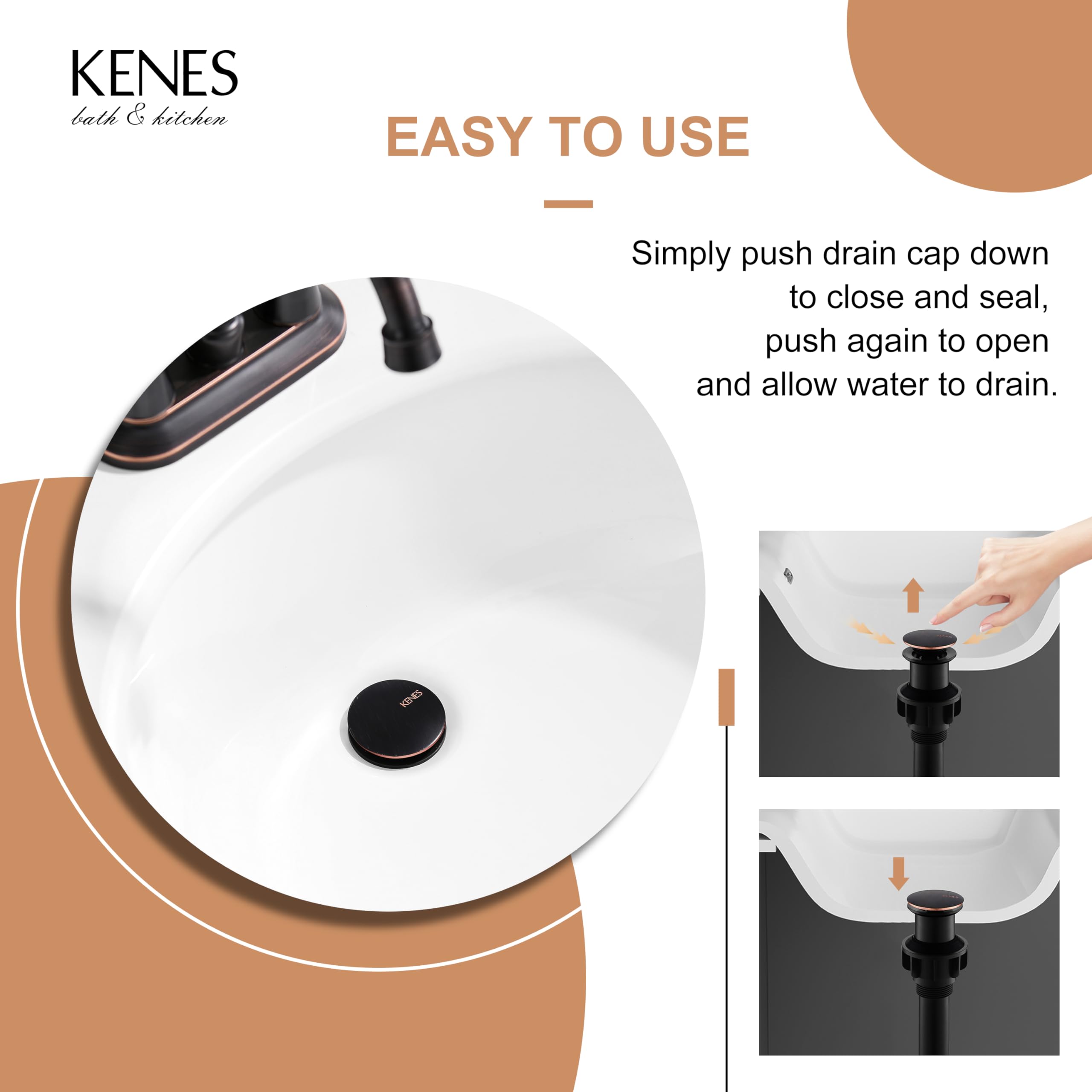 Kenes Oil Rubbed Bronze Bathroom Vessel Sink Drain - Pop-Up Drain Stopper Without Overflow, Anti-Clog Drain Assembly for Vanity Faucets - Perfect for Modern Bathroom & Powder Room Upgrades