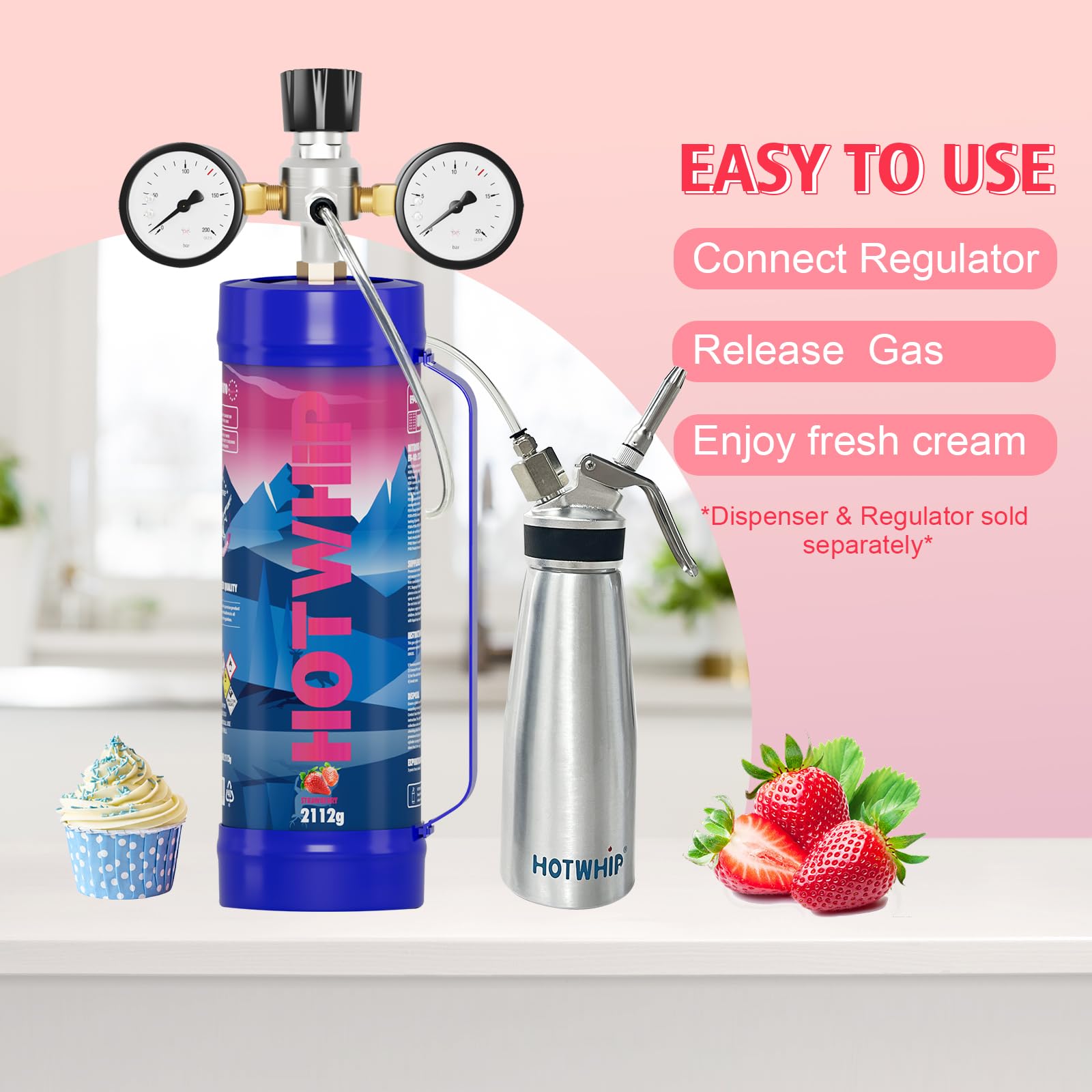 Premium Whipped Cream Charger 2x3.3L (2112G) - 99.99% Purity Nitrous Oxide Canisters for Whip Cream Dispenser - 2 Cylinders Strawberry Flavor - Perfect for Baking, Desserts & Coffee Toppings