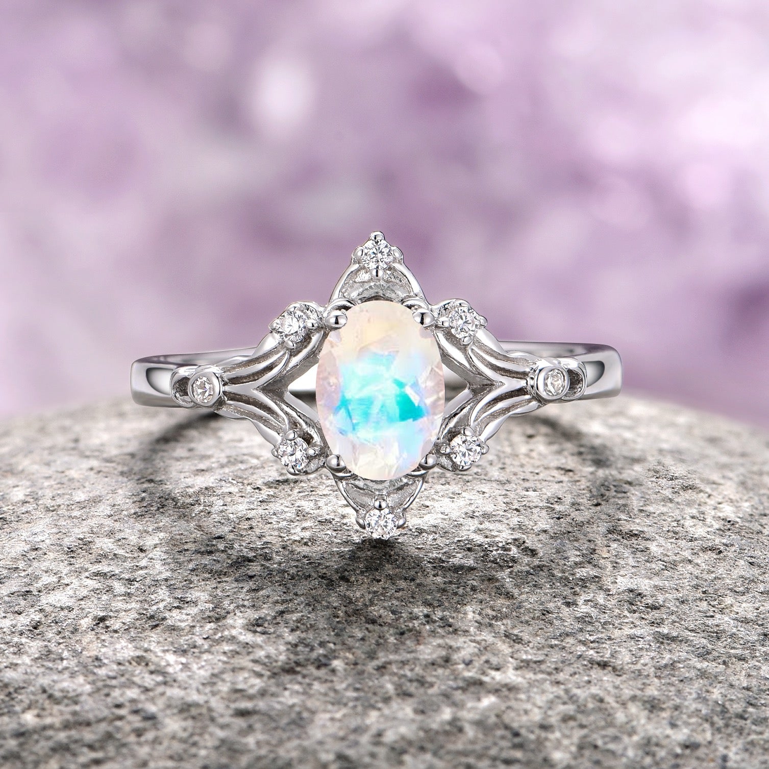 Vintage Moonstone Ring 14K White Gold - Elegant Handmade Jewelry for Women, Perfect for Weddings, Anniversaries & Special Occasions
