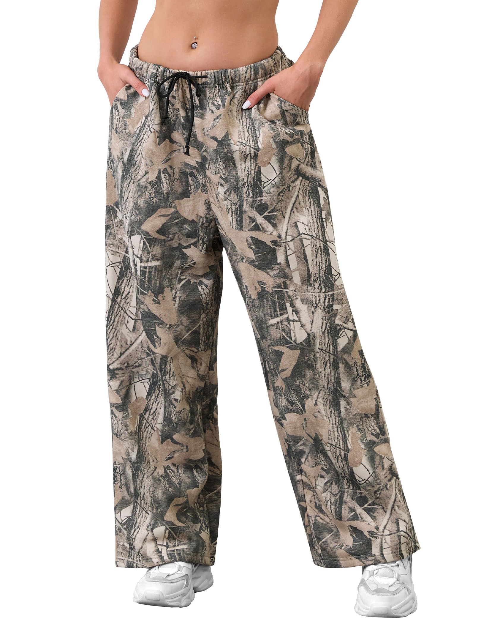Women's High Waisted Camo Sweatpants - Wide Leg Fleece Joggers with Drawstring & Pockets | Casual Lounge Pants for Yoga, Running Errands & Streetwear Fashion