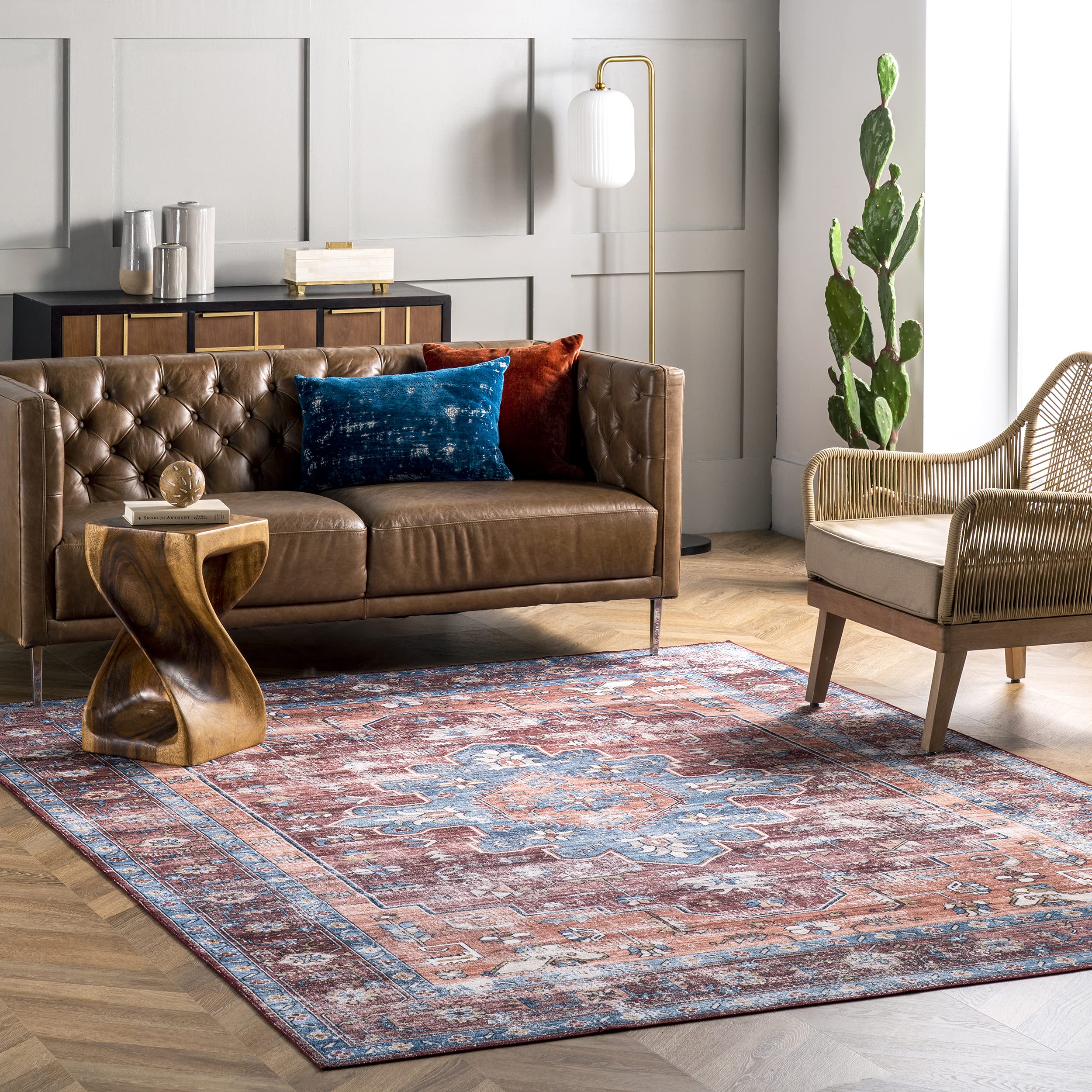 nuLOOM Zena Machine Washable Medallion Area Rug 6' x 9' Rust - Soft Non-Slip Living Room Rug for Bedroom, Dining Room & Home Decor