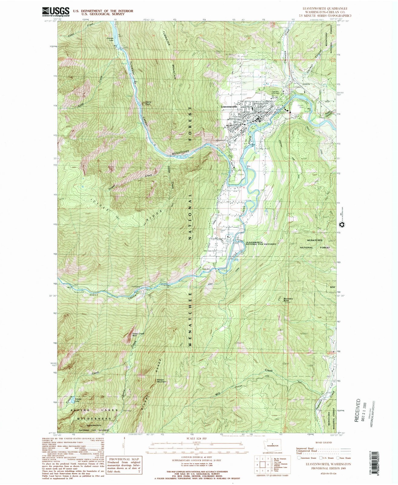 Vintage 1989 Leavenworth WA USGS Topographic Map - Large 44x55 Inch Historical Wall Art - Perfect for Home, Office & Classroom Decor - Washington State Cartography Gift