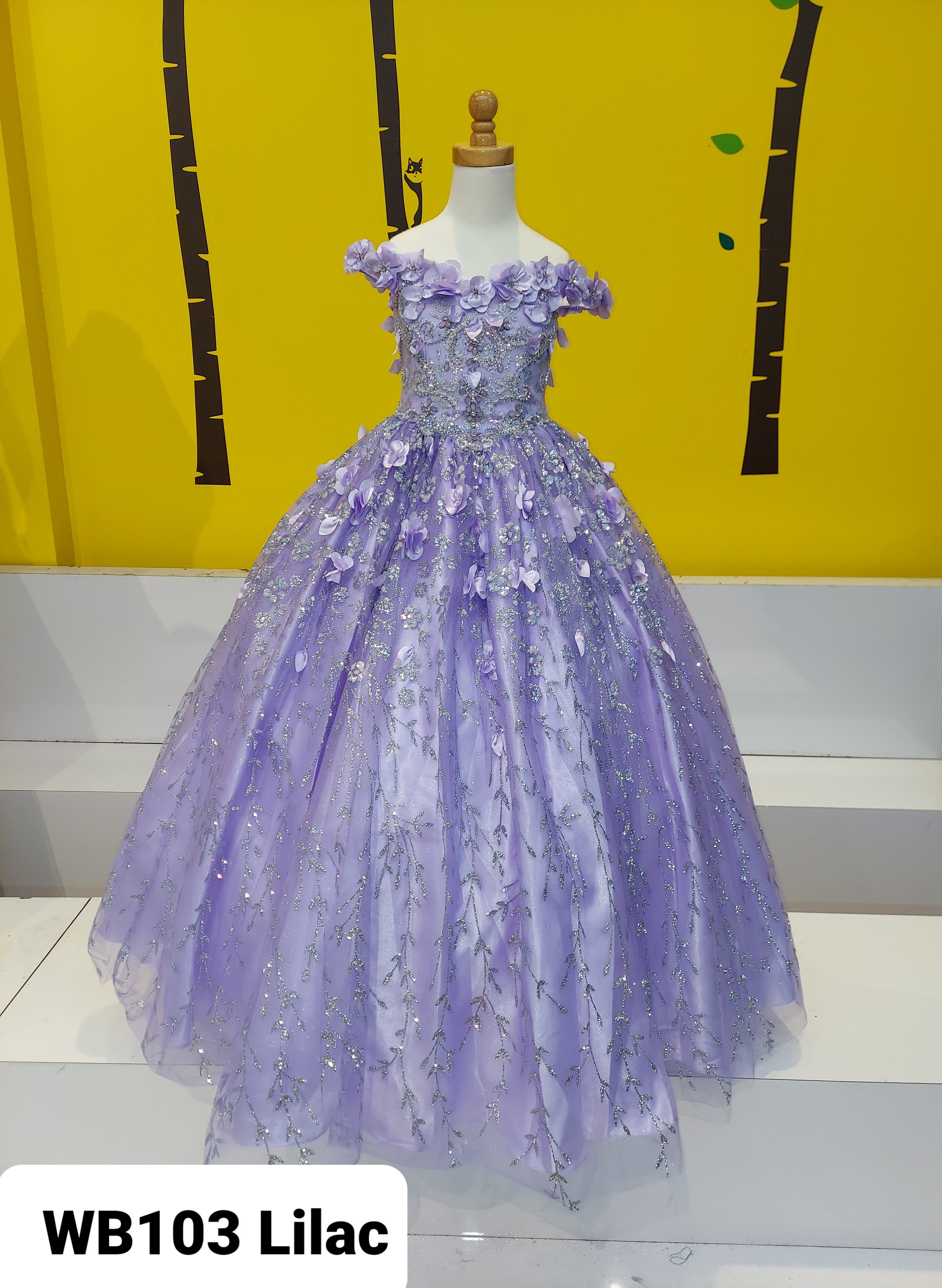 Lilac Rhinestone Flower Applique Off-Shoulder Ball Gown for Girls Size 8-16 | Formal Dresses for Prom, Pageant & Special Occasions