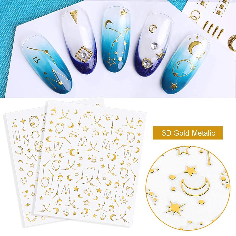 3D Gold Star Nail Art Stickers - Self Adhesive Metallic Nail Decals (6 Sheets) for DIY Manicure, Acrylic Nails & Nail Art Decorations - Luxury Moon & Money Design Nail Supplies - Perfect for Parties, Weddings, Holidays & Special Occasions