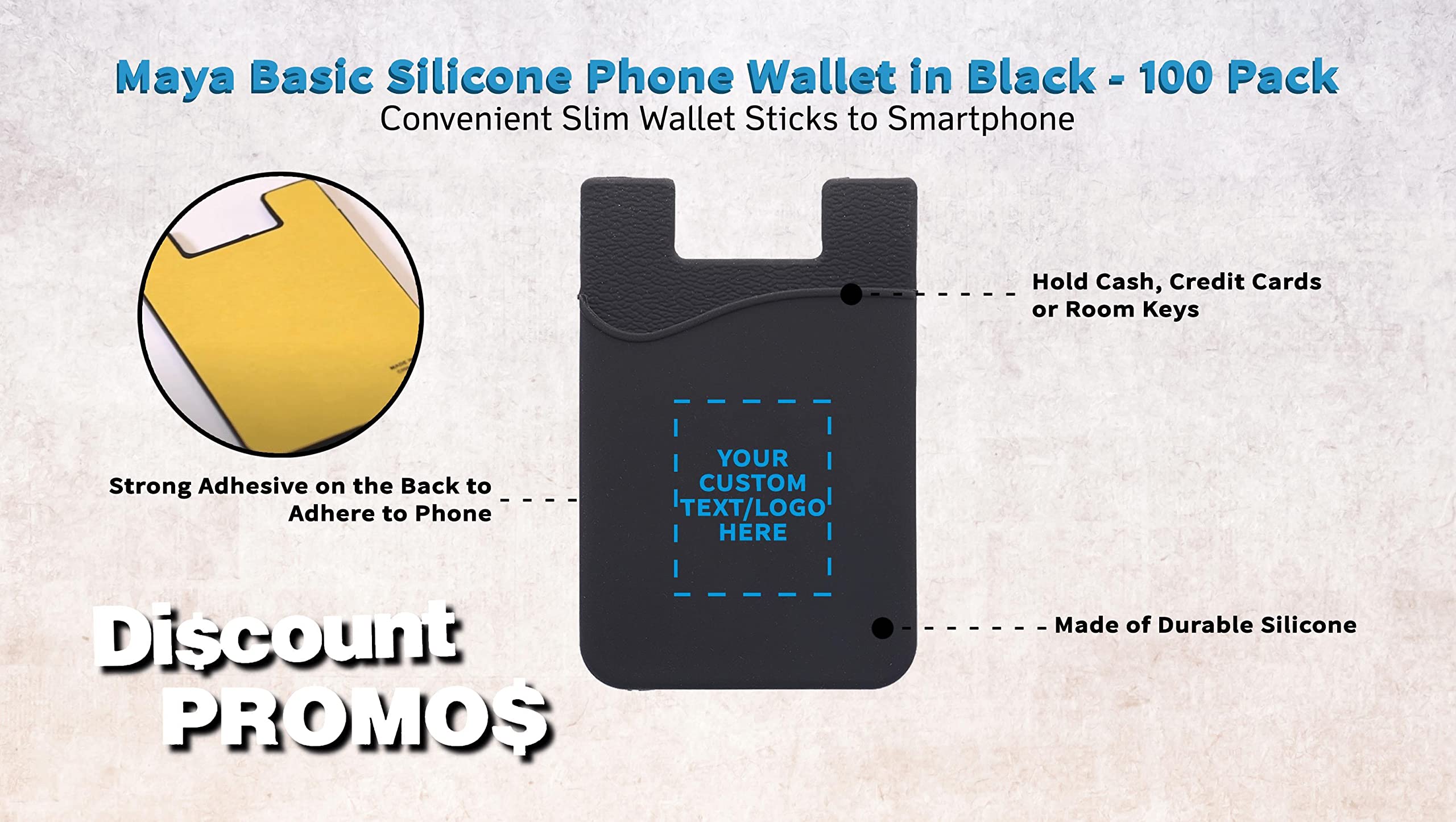 Customizable Black Maya Basic Silicone Phone Wallets Set - Strong Adhesive Card Holder with Logo/Text - Standard Size (100 Pack) - Perfect for Business Promotions, Events & Daily Use