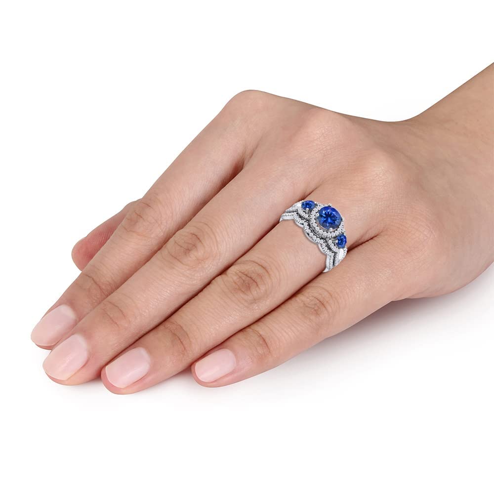 14K Gold Over Sterling Silver Three Stone Round Cut Gemstone & Natural White Diamond Halo Bridal Set Engagement Ring | Wedding Band for Women | Valentine's Day Gift for Her | Perfect for Proposals, Anniversaries & Special Occasions