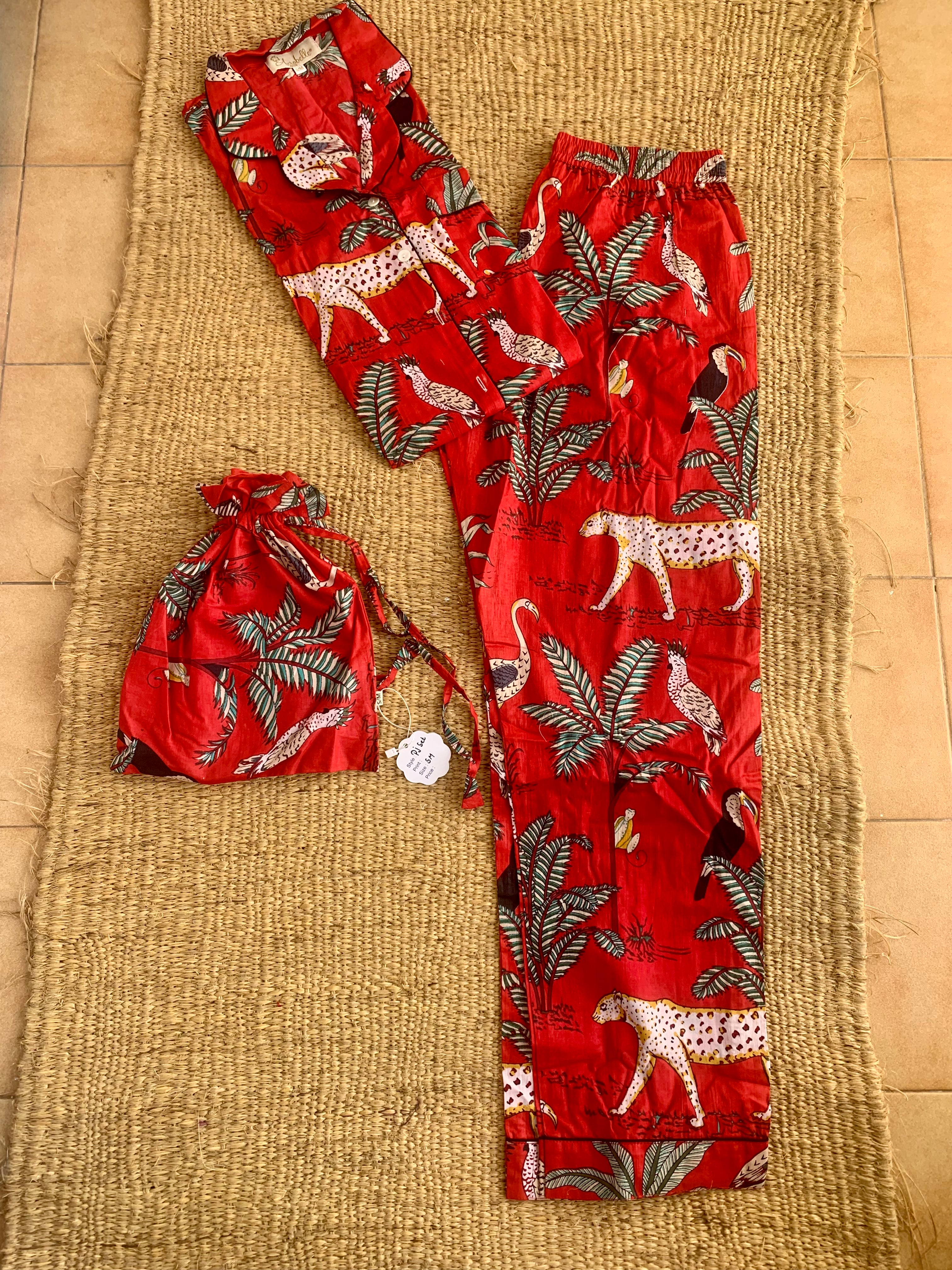 Red Tiger Print Cotton Pajama Set - Cozy Lounge Wear for Women & Men - Hand Block Printed Sleepwear for Comfortable Nights & Relaxing at Home