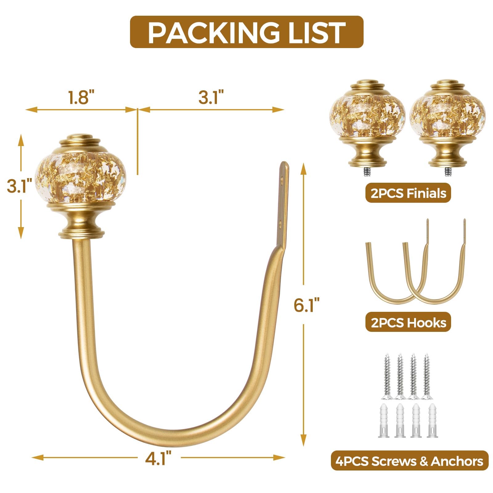 2 Pack Gold Curtain Holdbacks - Decorative Drapery Tiebacks with Translucent Finials (6.1