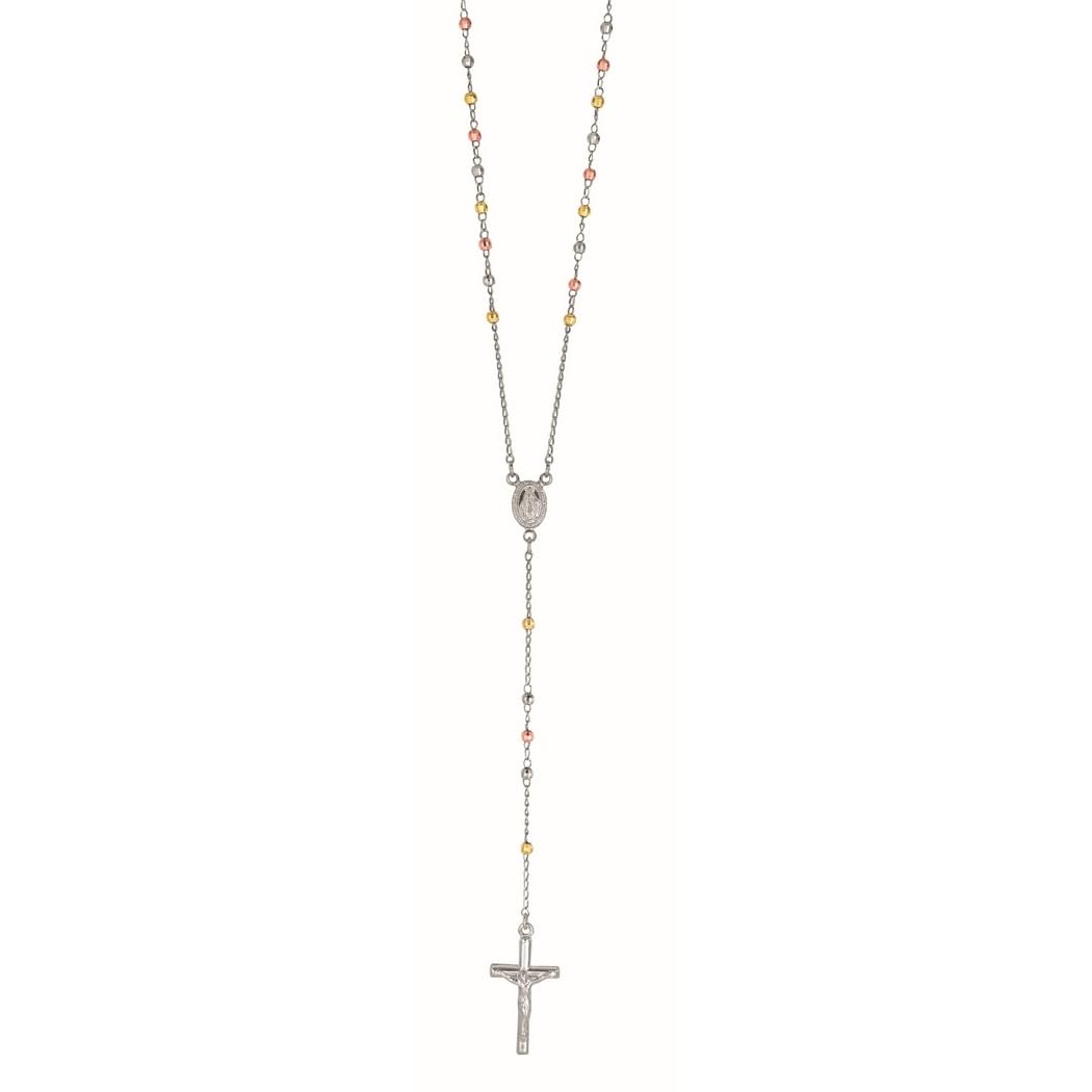 925 Sterling Silver Yellow Rose Plated 3mm Rosary Bead Chain Necklace with Cross Pendant - Religious Jewelry for Women & Men - Perfect for Daily Wear, Church, Baptism & Gift Giving