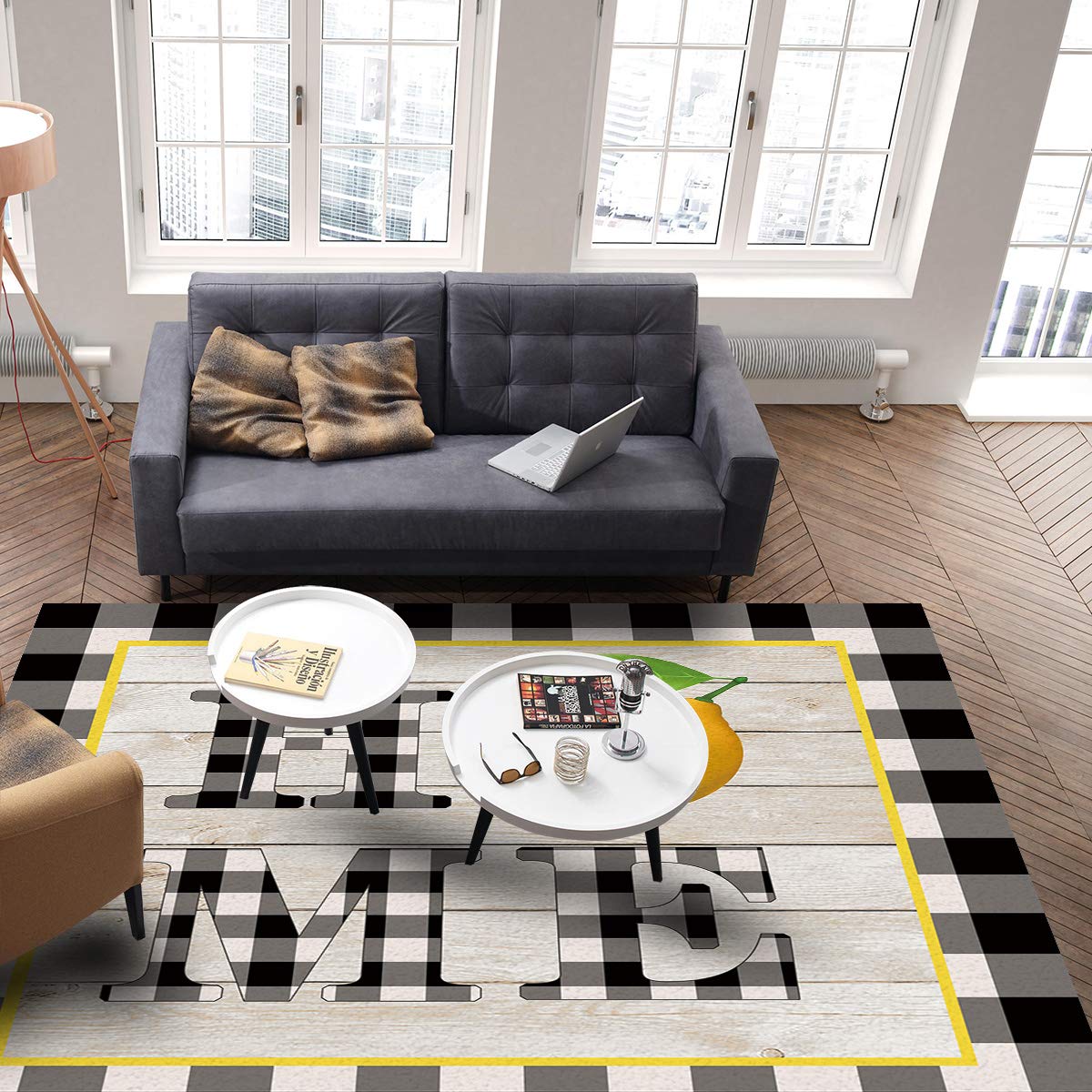 4'x7' Yellow Fruit Lemon Black & White Lattice Area Runner Rug - Washable Indoor/Outdoor Carpet for Kitchen, Living Room, Bathroom, Bedroom, Classroom & Laundry Room - Retro Farmhouse Doormat for Entryway, Hallway & Home Decor