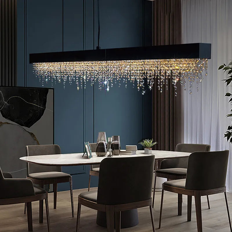 Modern Crystal Rectangular Dining Table Chandelier - Elegant LED Lighting Fixture for Formal Dining Room, Kitchen Island & Luxury Home Decor