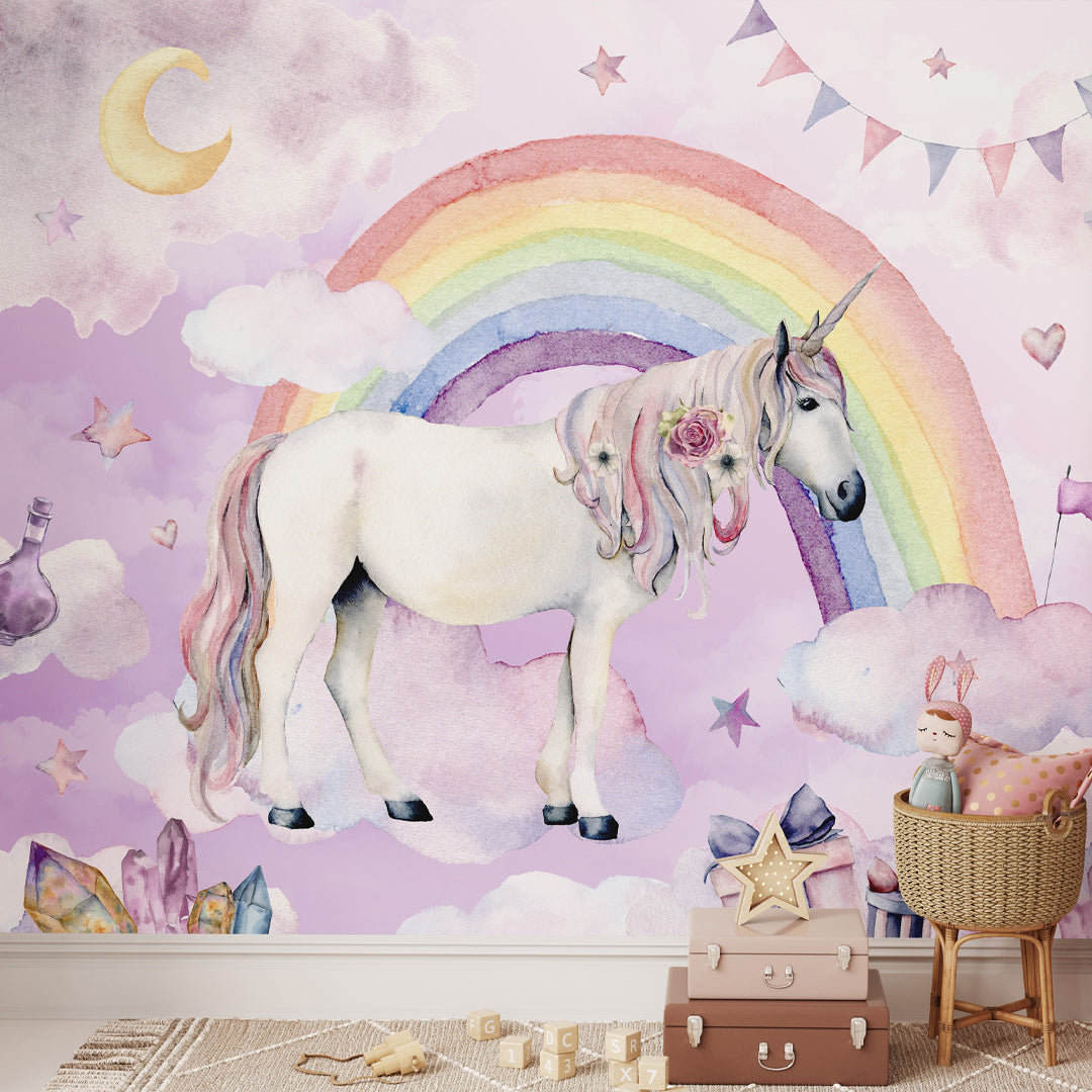 Fairy Unicorn & Rainbow Wall Mural WM068 - Vibrant Kids Room Decor, Nursery Wall Stickers, Fantasy Bedroom Design for Girls & Boys - Perfect for Birthday Parties, Playrooms & Daycare Centers