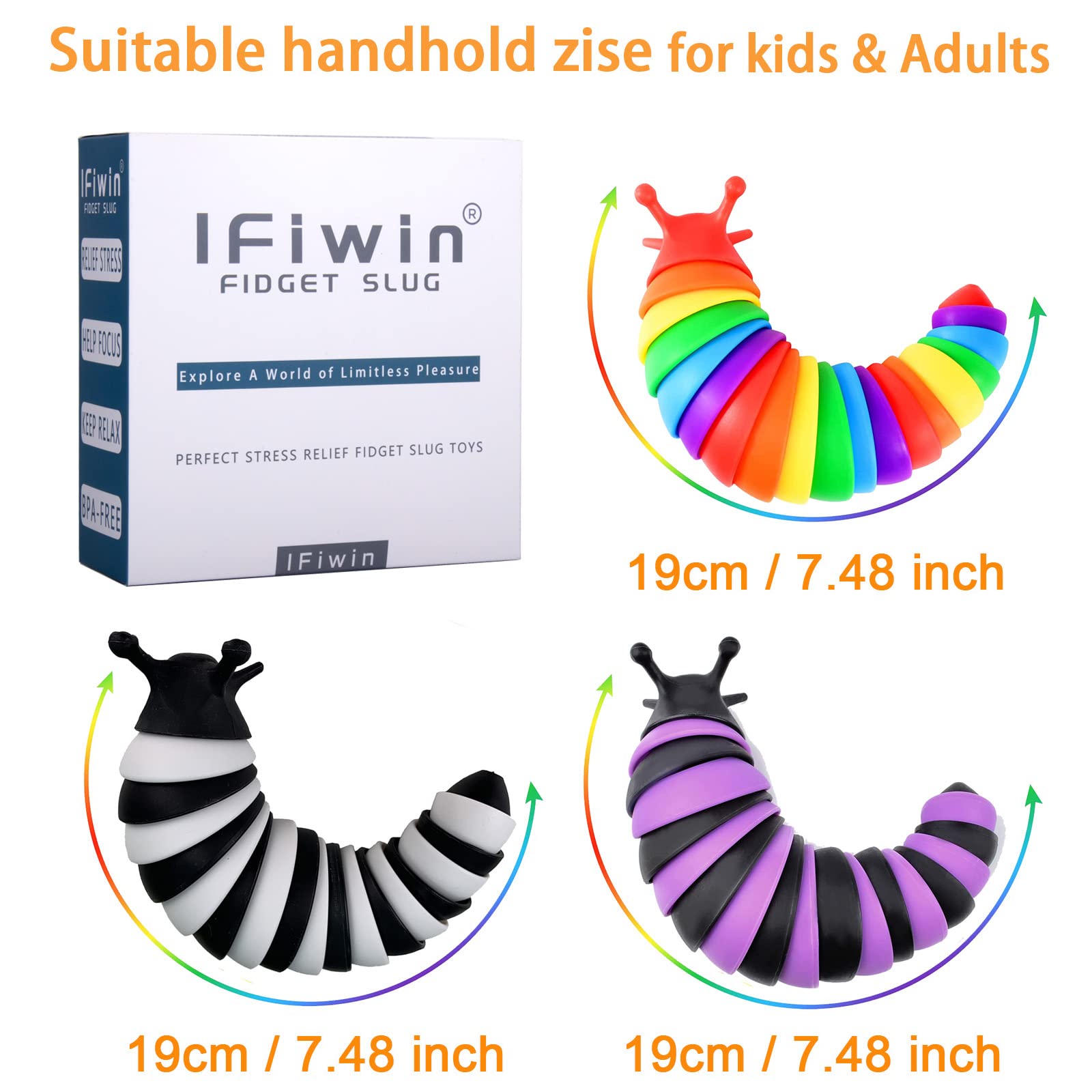 iFwin 3-Pack Sensory Slug Fidget Toys for Kids & Adults - Stress Relief Anxiety Toys for Autism, ADHD, Focus - Soft Squishy Slug Figet for Classroom, Office, Travel - BPA-Free Sensory Toys for Toddlers & Teens